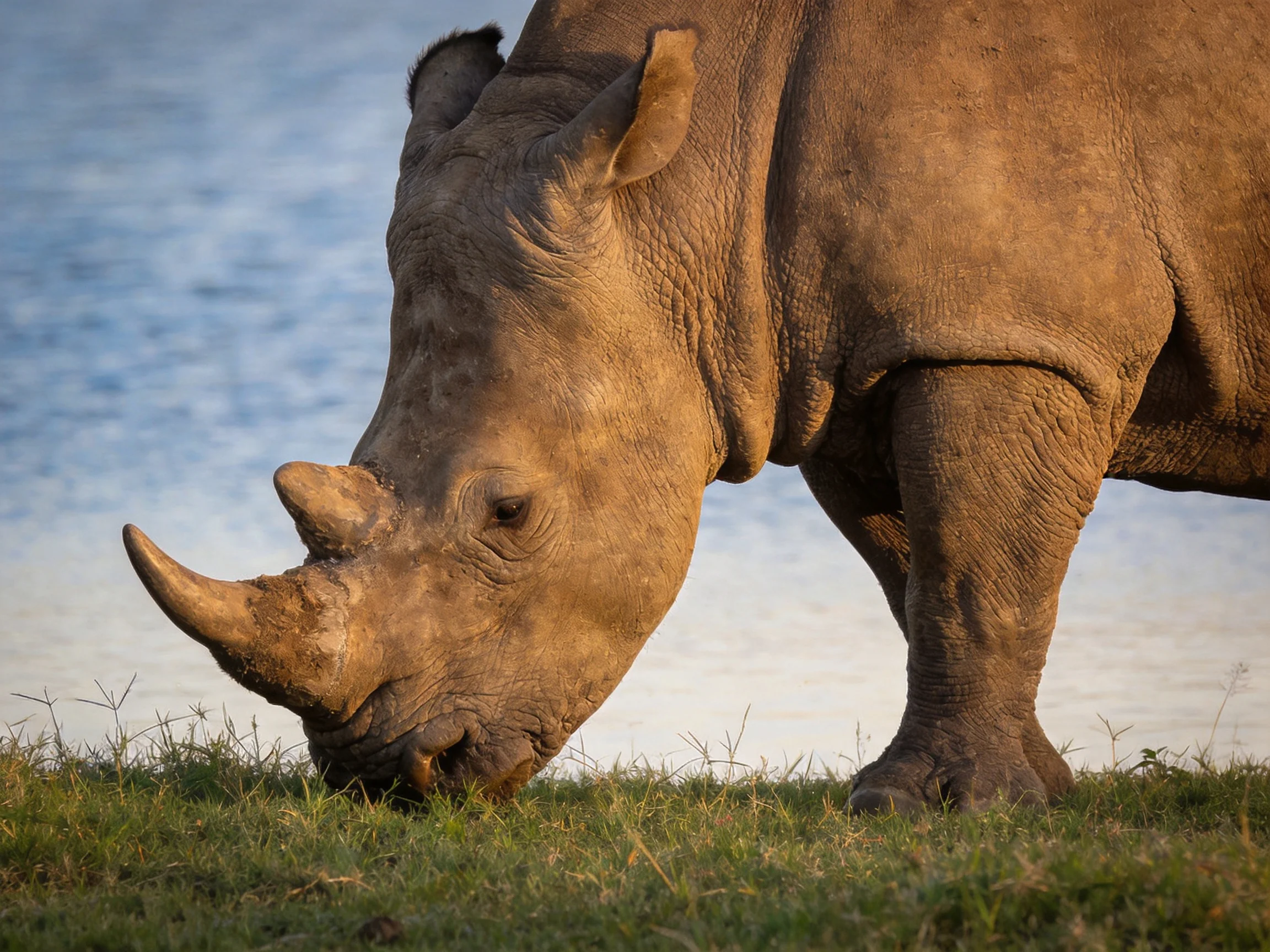 A large brown rhinoceros grazes by a calm blue water source.