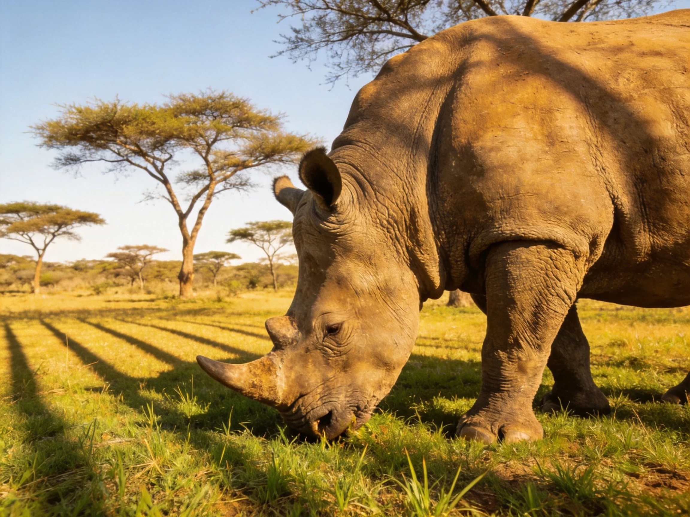 A large brown rhinoceros grazing in a sunlit savannah with acacia trees