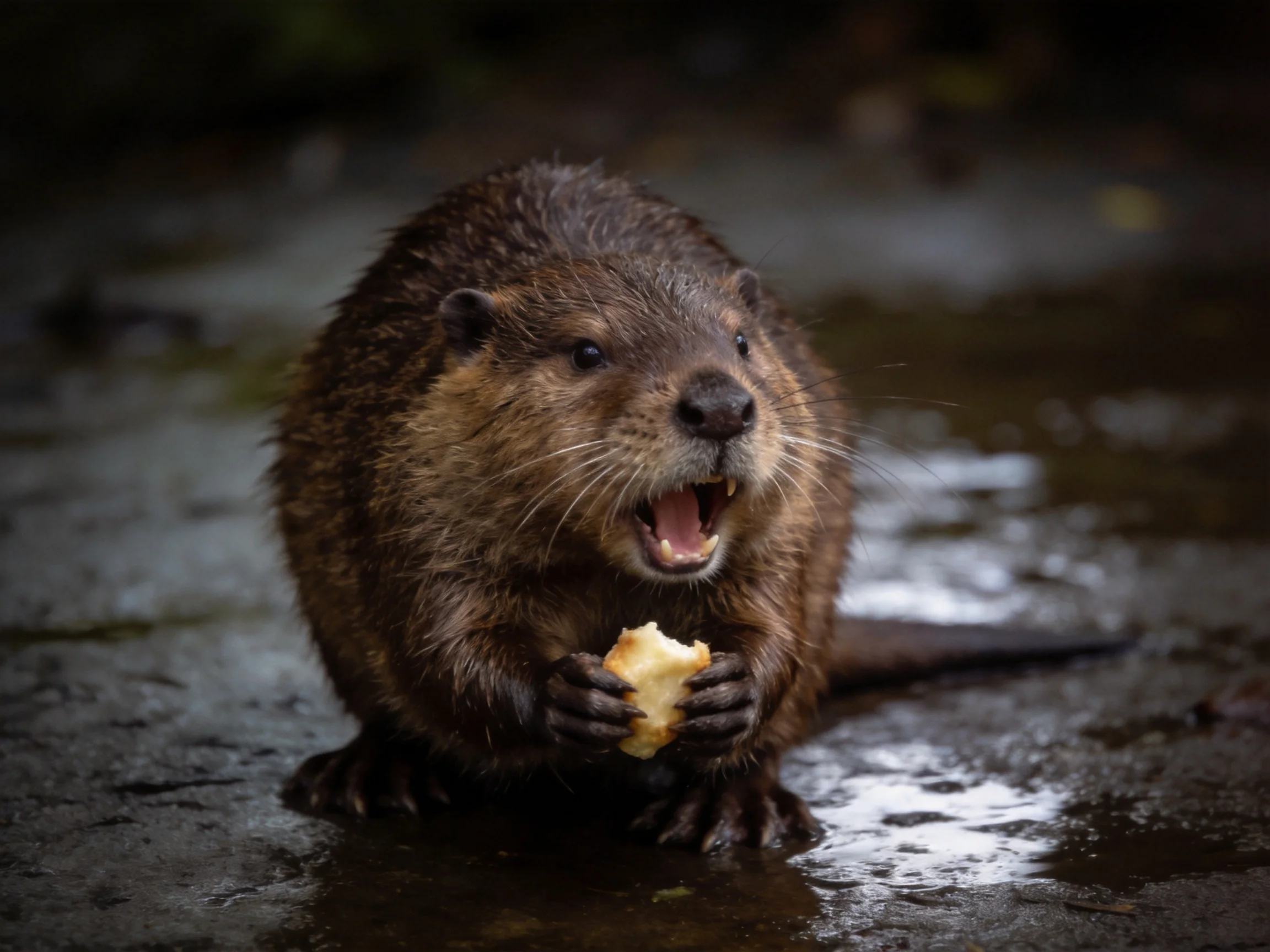 A large brown rodent eats food on a wet surface