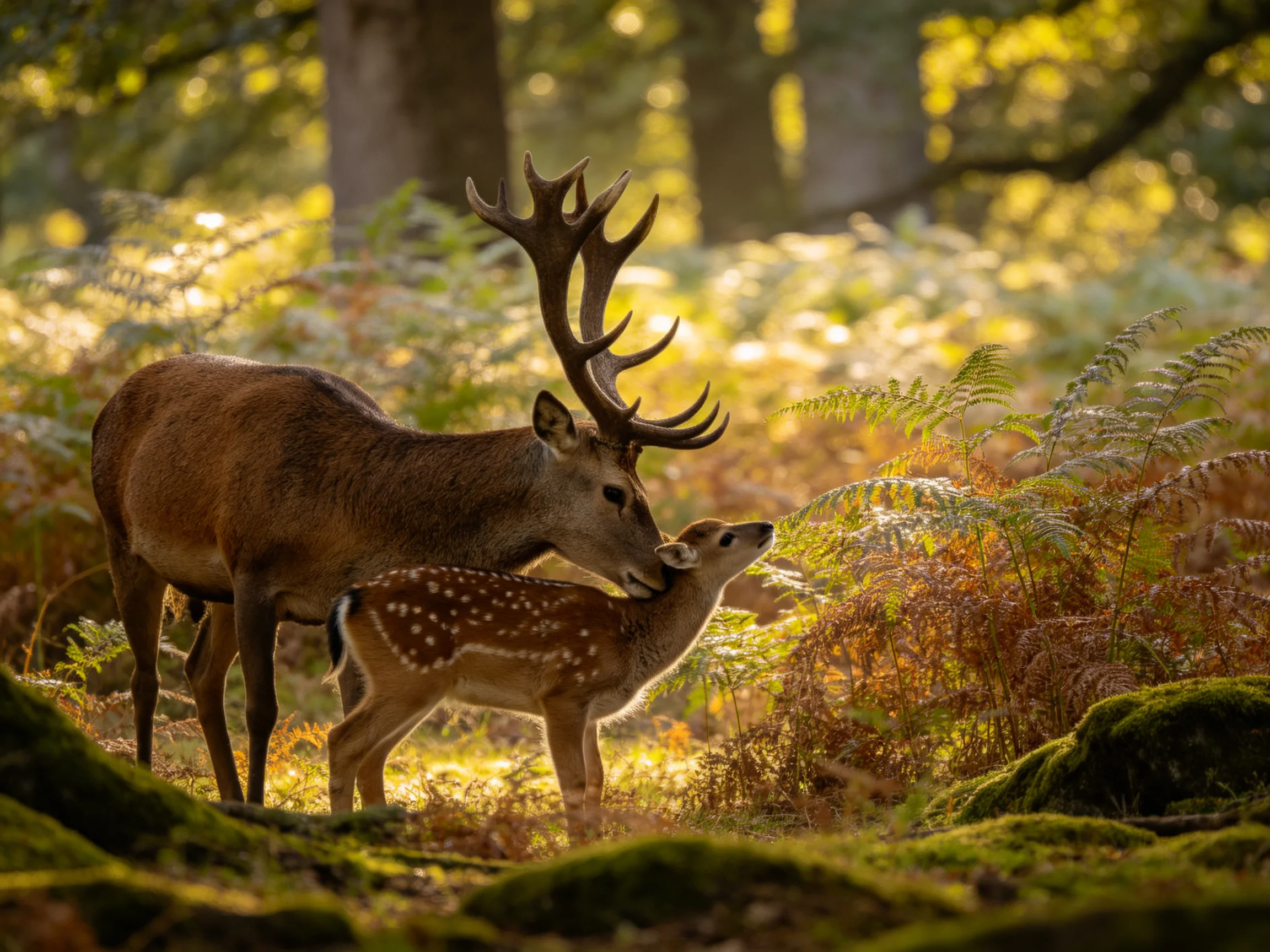 A large brown stag with antlers and a spotted fawn in a sunlit forest
