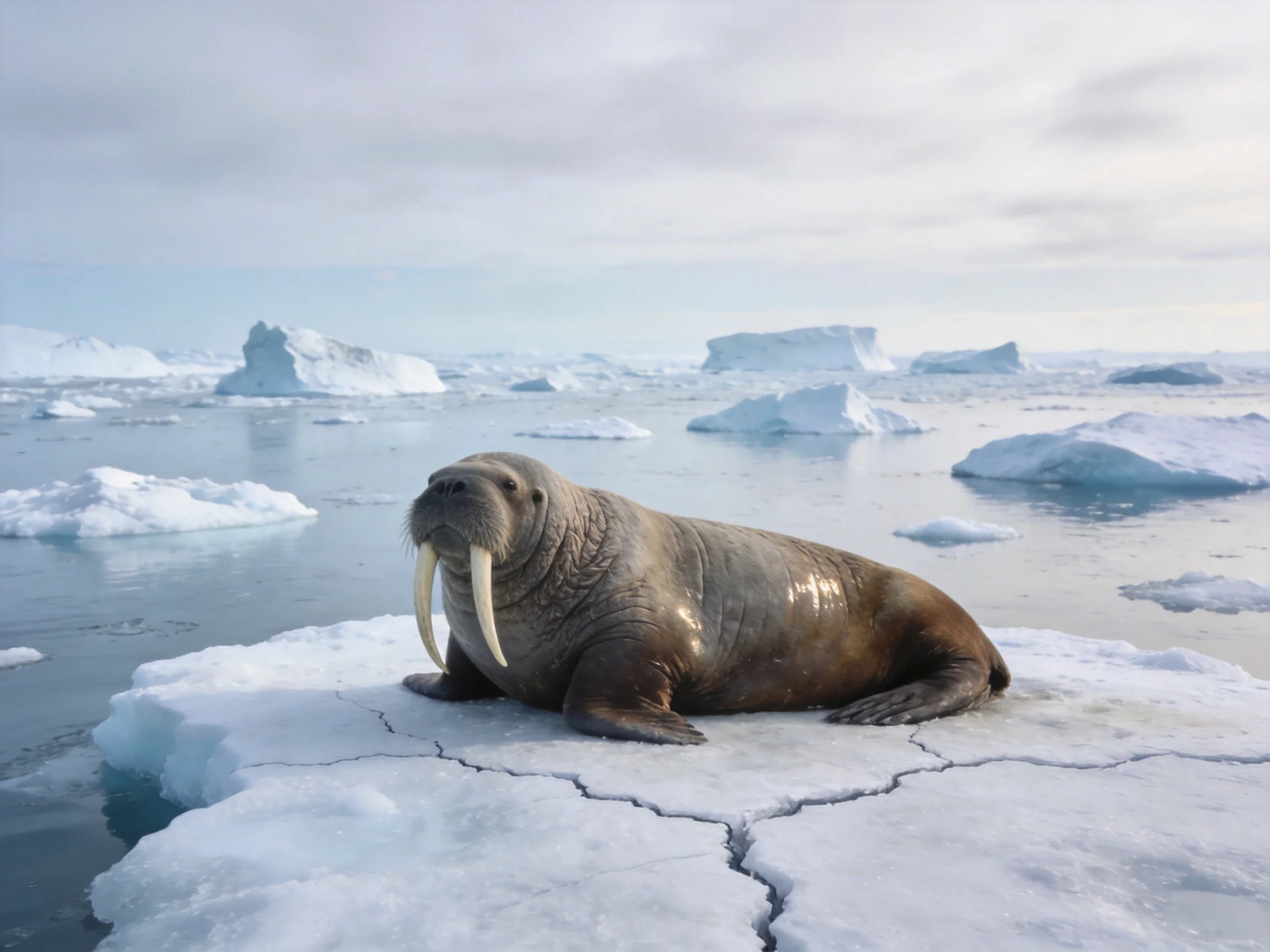 A large brown walrus rests on a cracked white ice floe among scattered icebergs