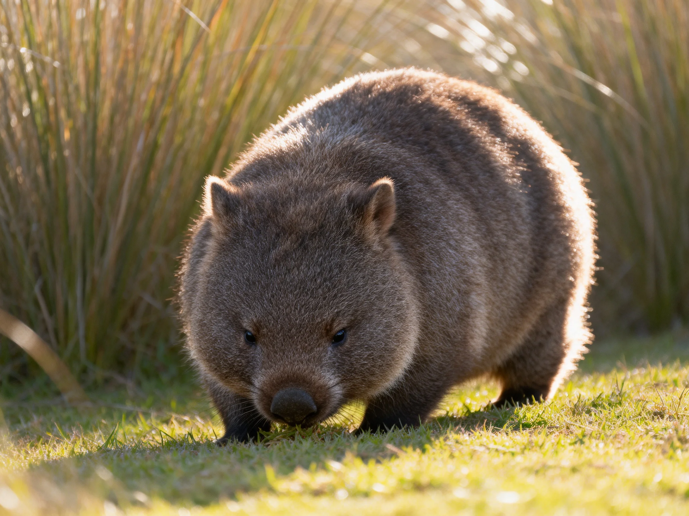 A large brown wombat forages in a sunlit grassy field