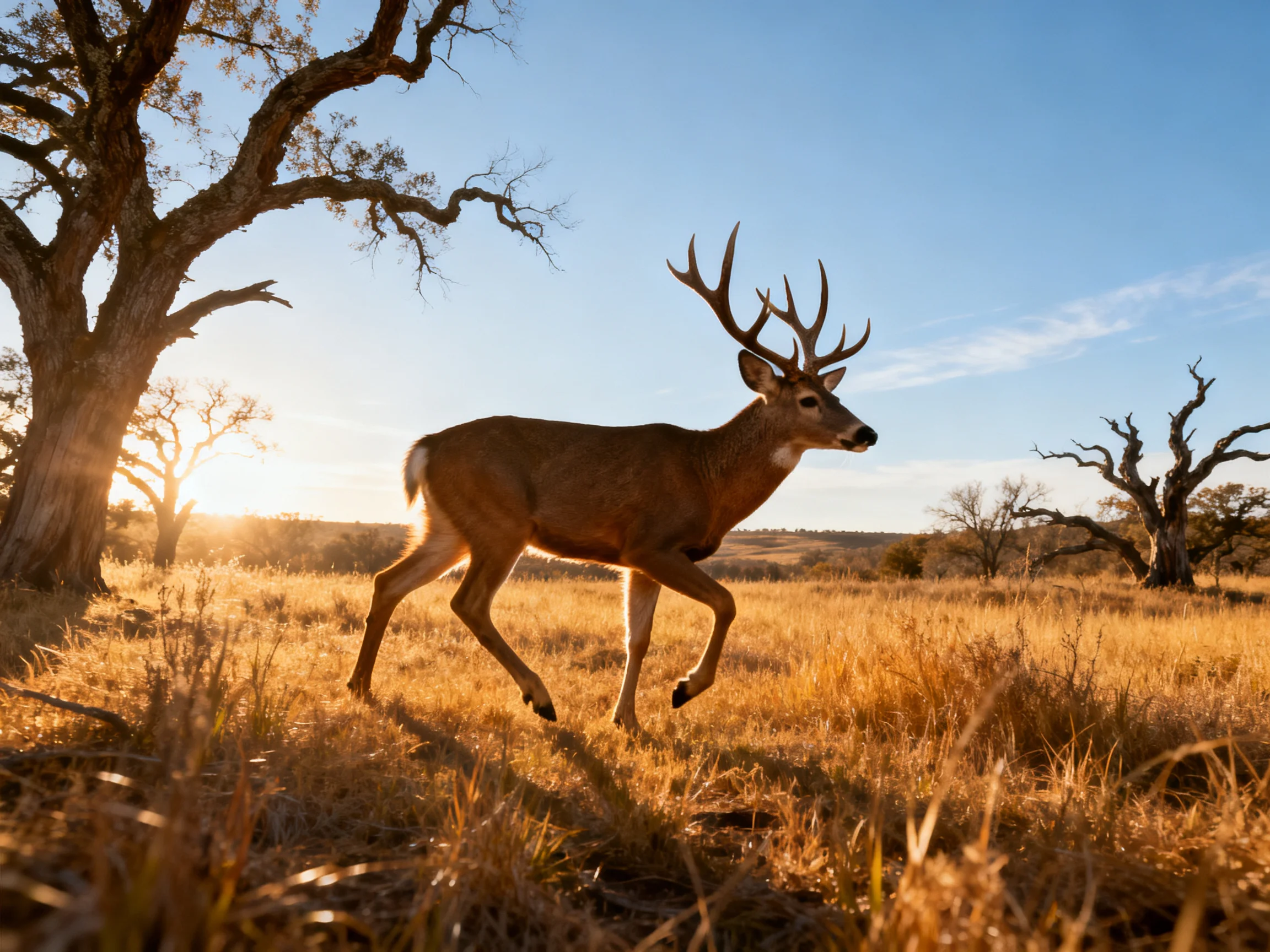 A large buck with antlers running through golden prairie near ancient oaks