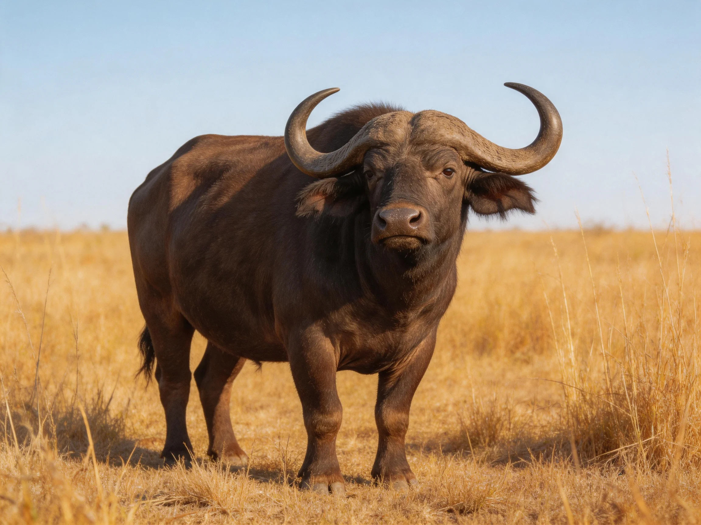 A large buffalo with curved horns stands in golden savannah grass