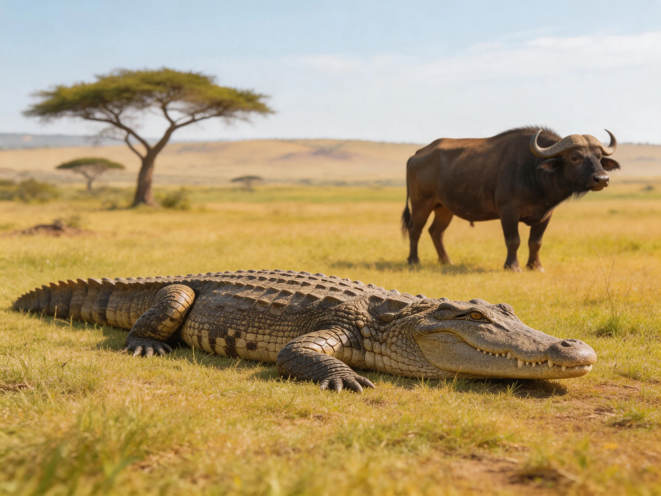 A large crocodile rests beside a buffalo on a sun-drenched savannah