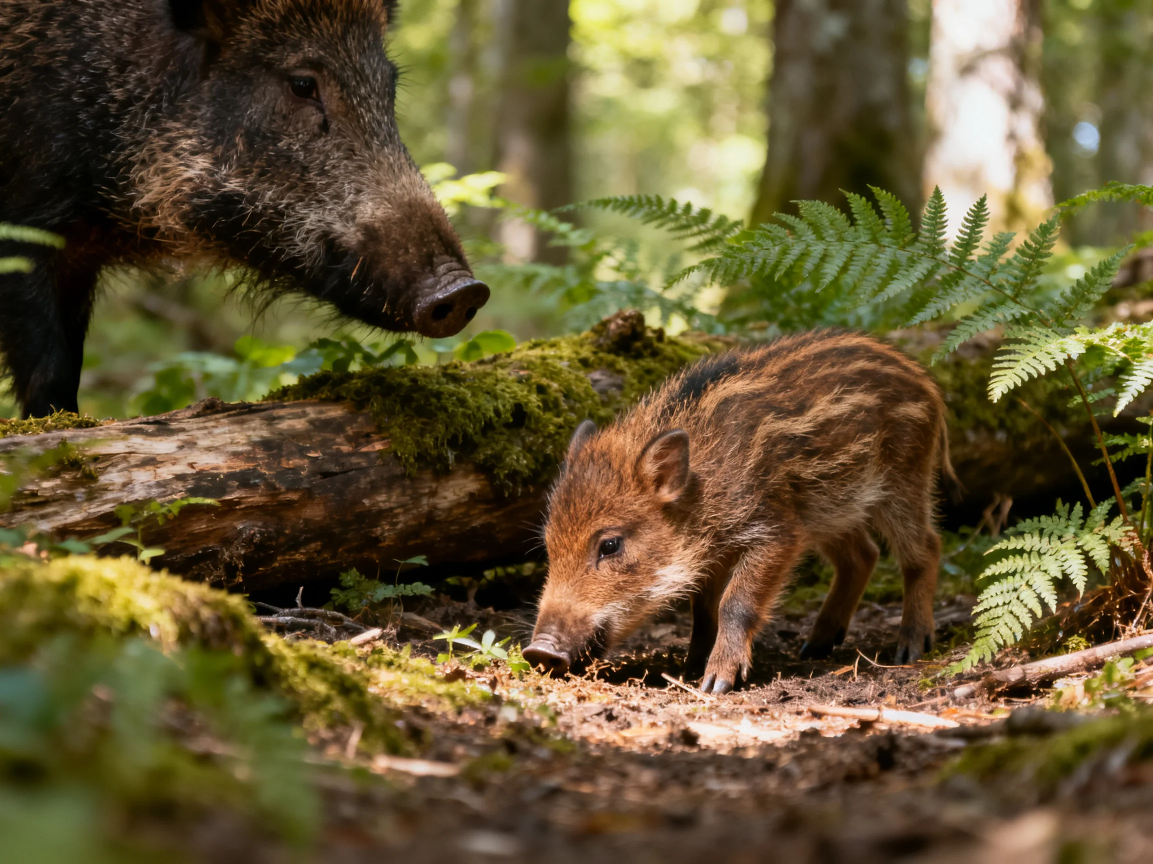 A large boar watches a small boar forage near mossy logs in a forest.