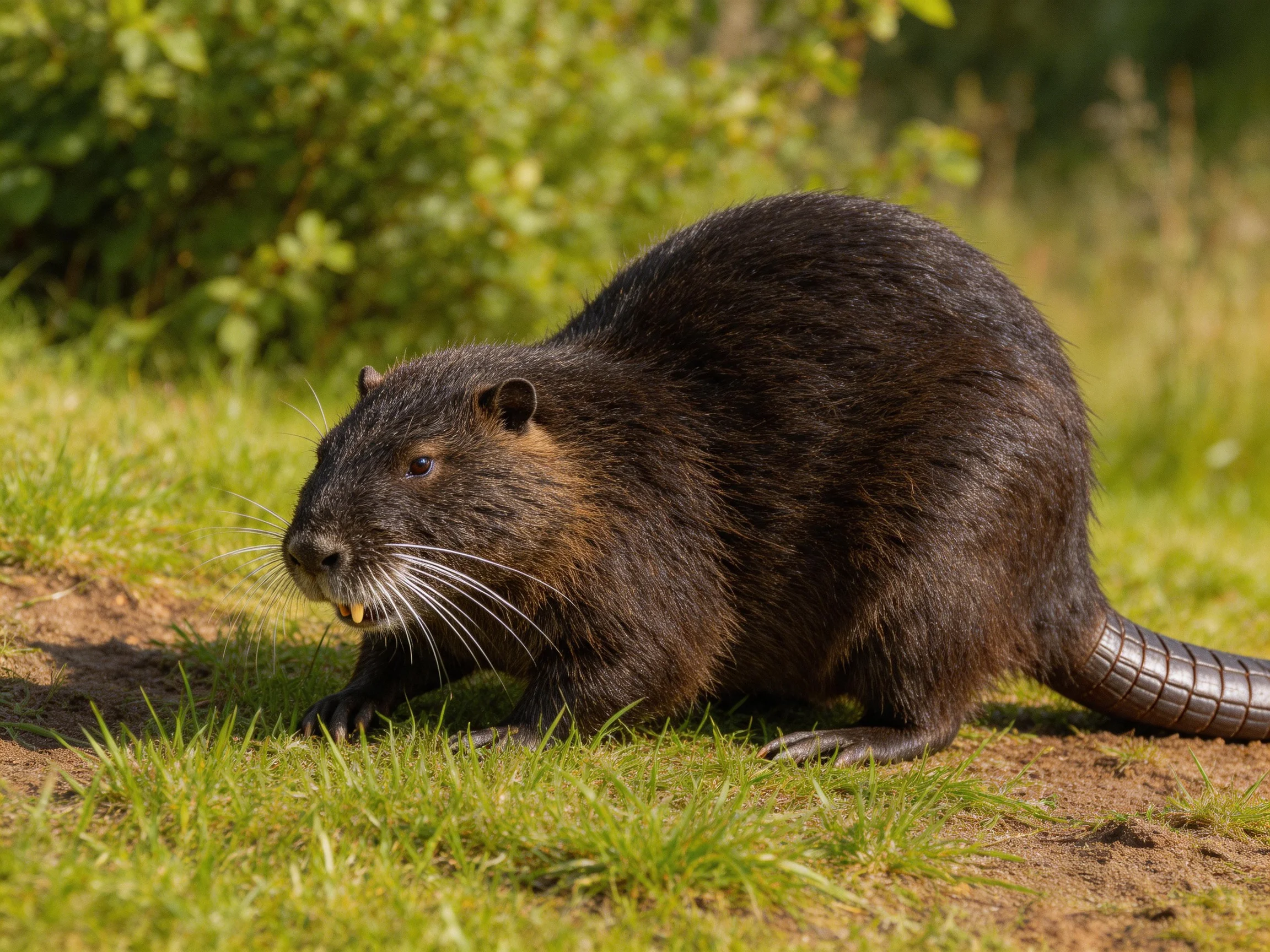 A large dark-furred rodent forages near lush green vegetation