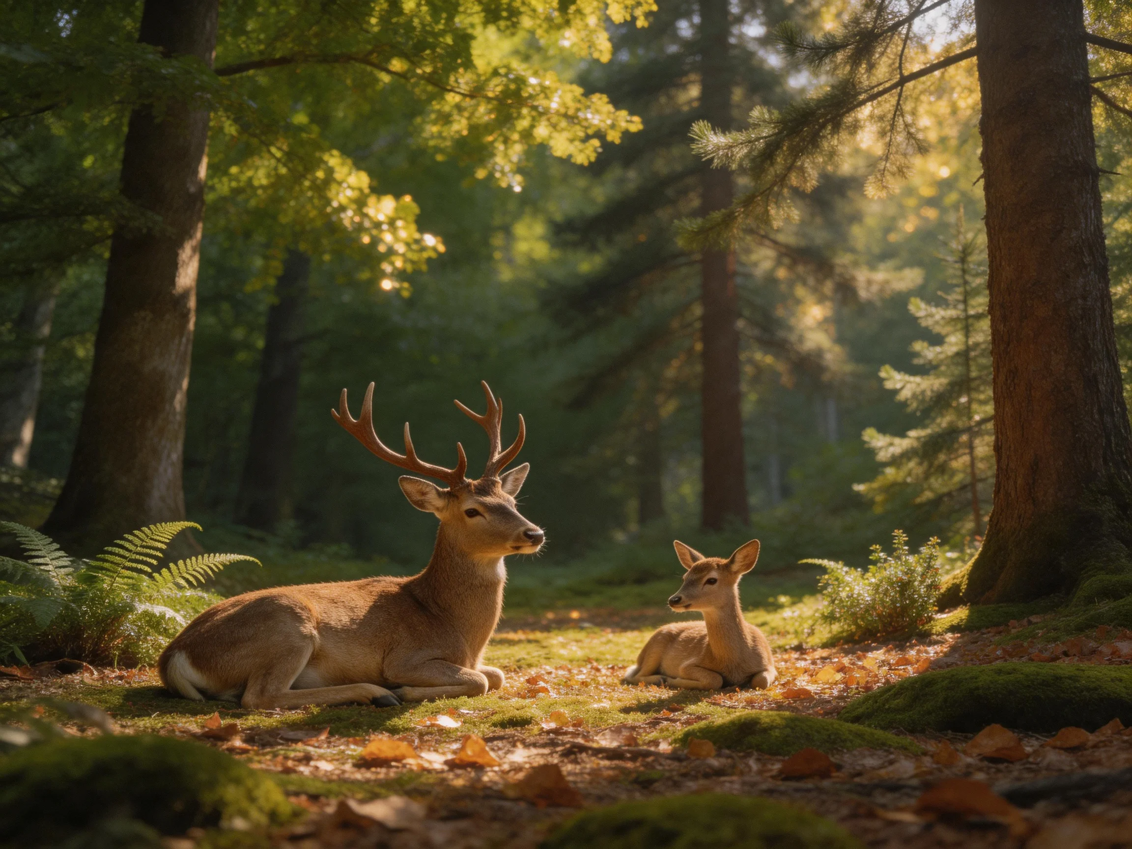 Two deer rest in a sunlit forest clearing.