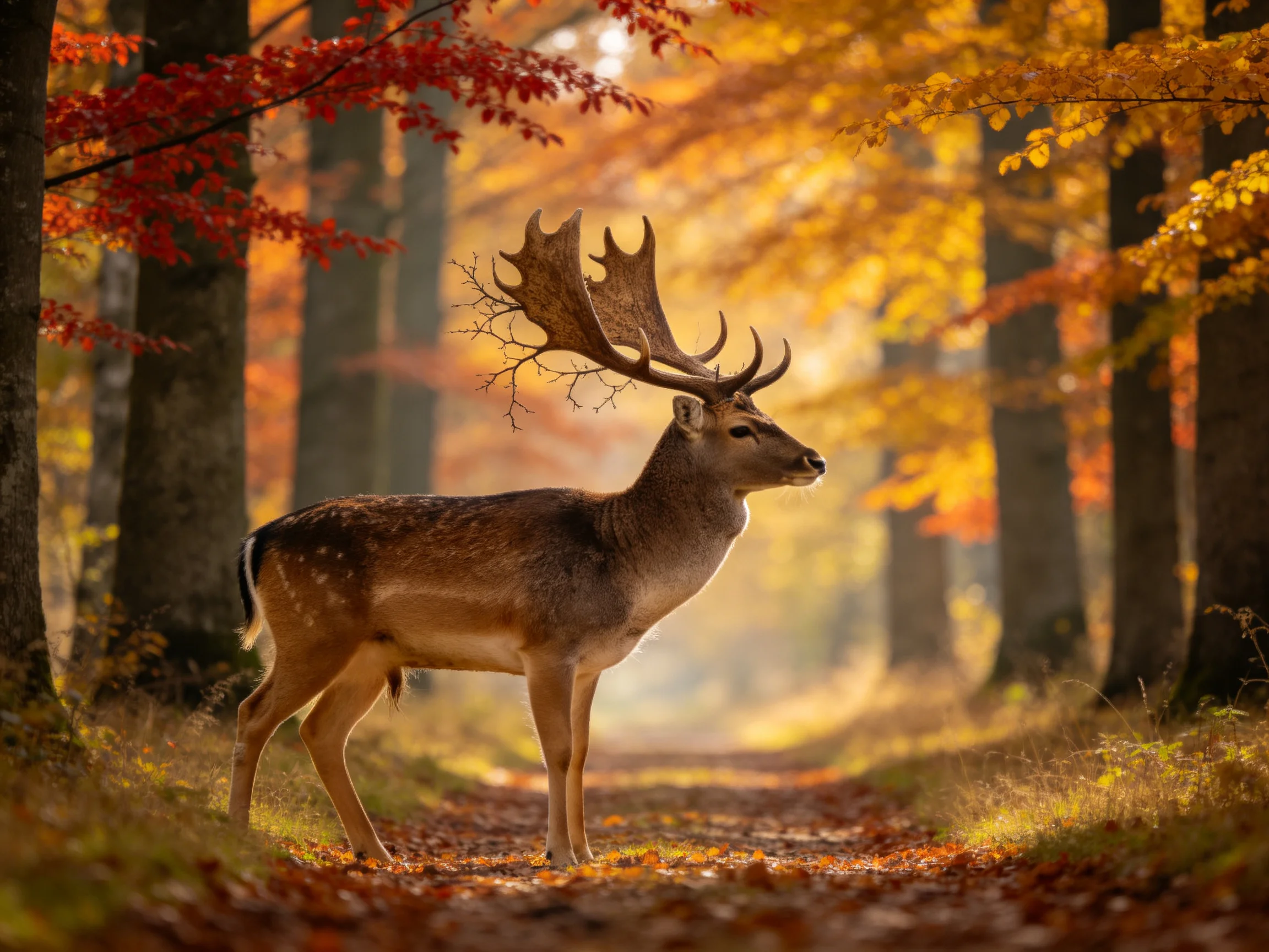 A large deer with antlers stands among colorful autumn trees in a sunlit forest
