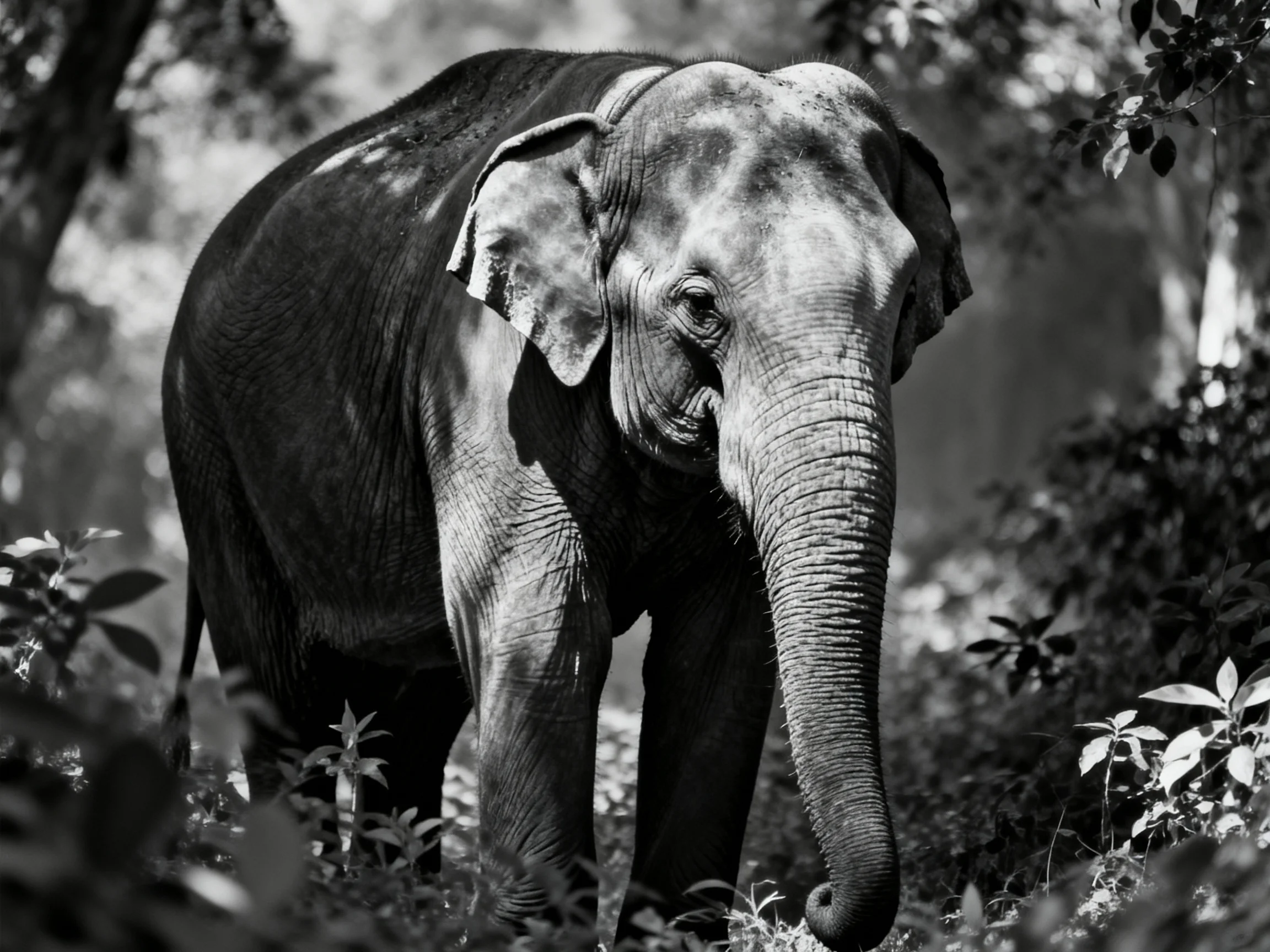 A large elephant in a dense, shaded forest setting