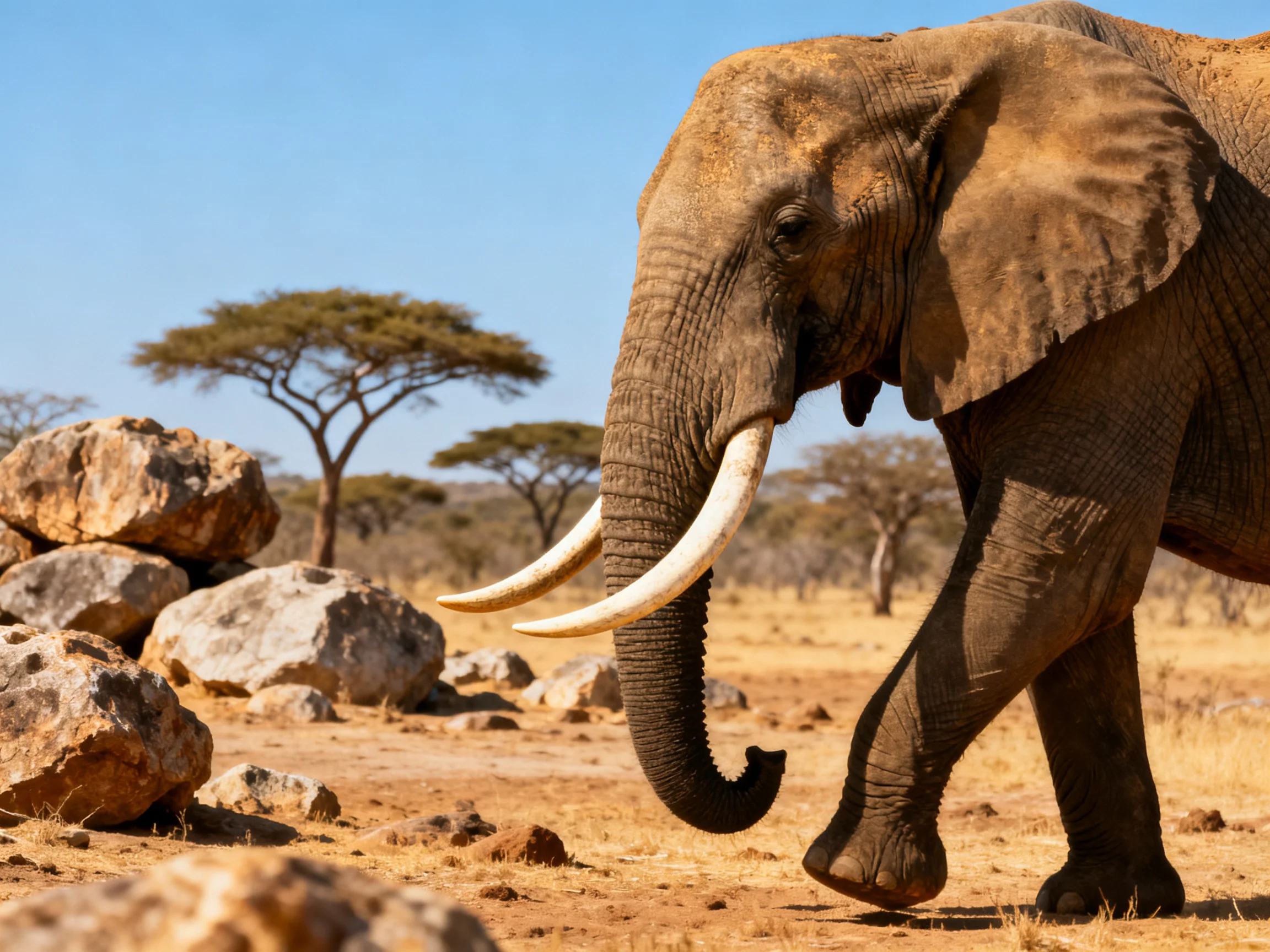A large elephant with long tusks in a rocky savannah setting