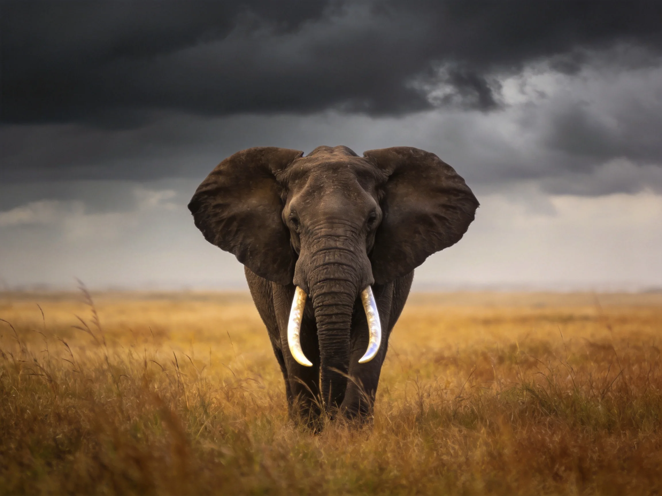 A large elephant with long tusks in golden savannah under dark storm clouds