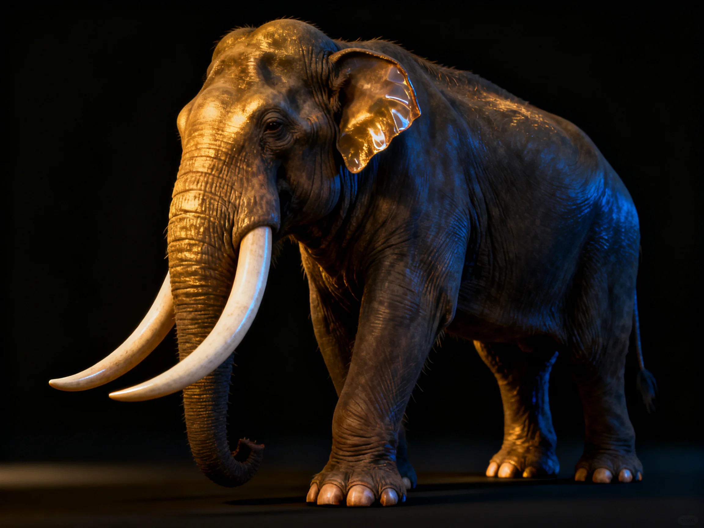 A large elephant with prominent ivory tusks under dramatic lighting