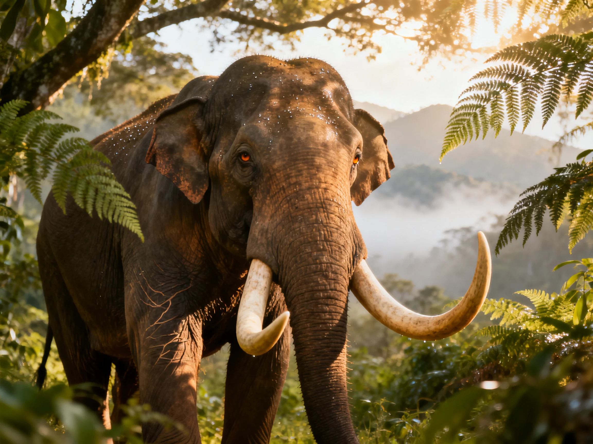A large elephant with prominent tusks in a lush forest environment