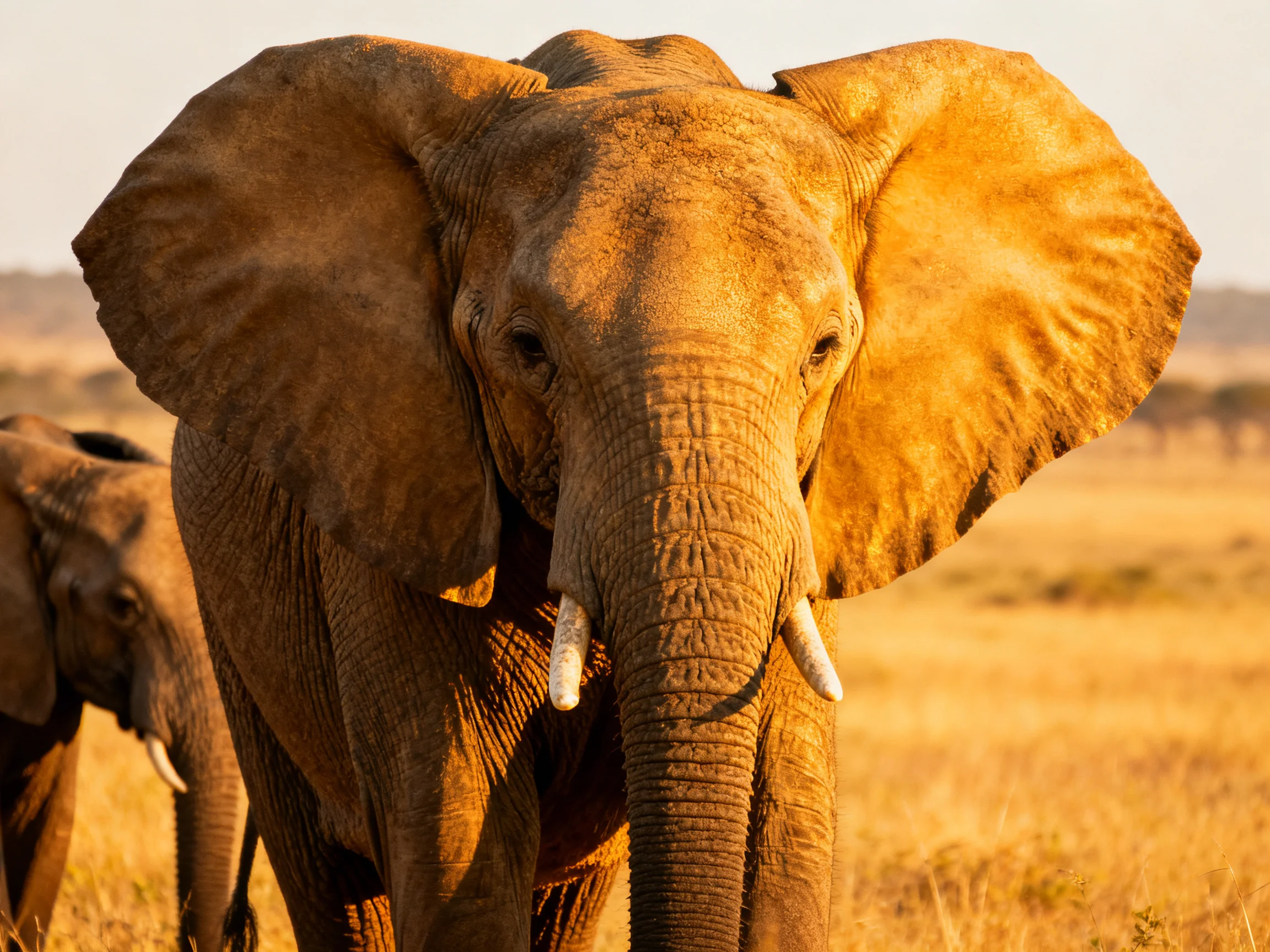 A large elephant with wide ears in golden savannah landscape