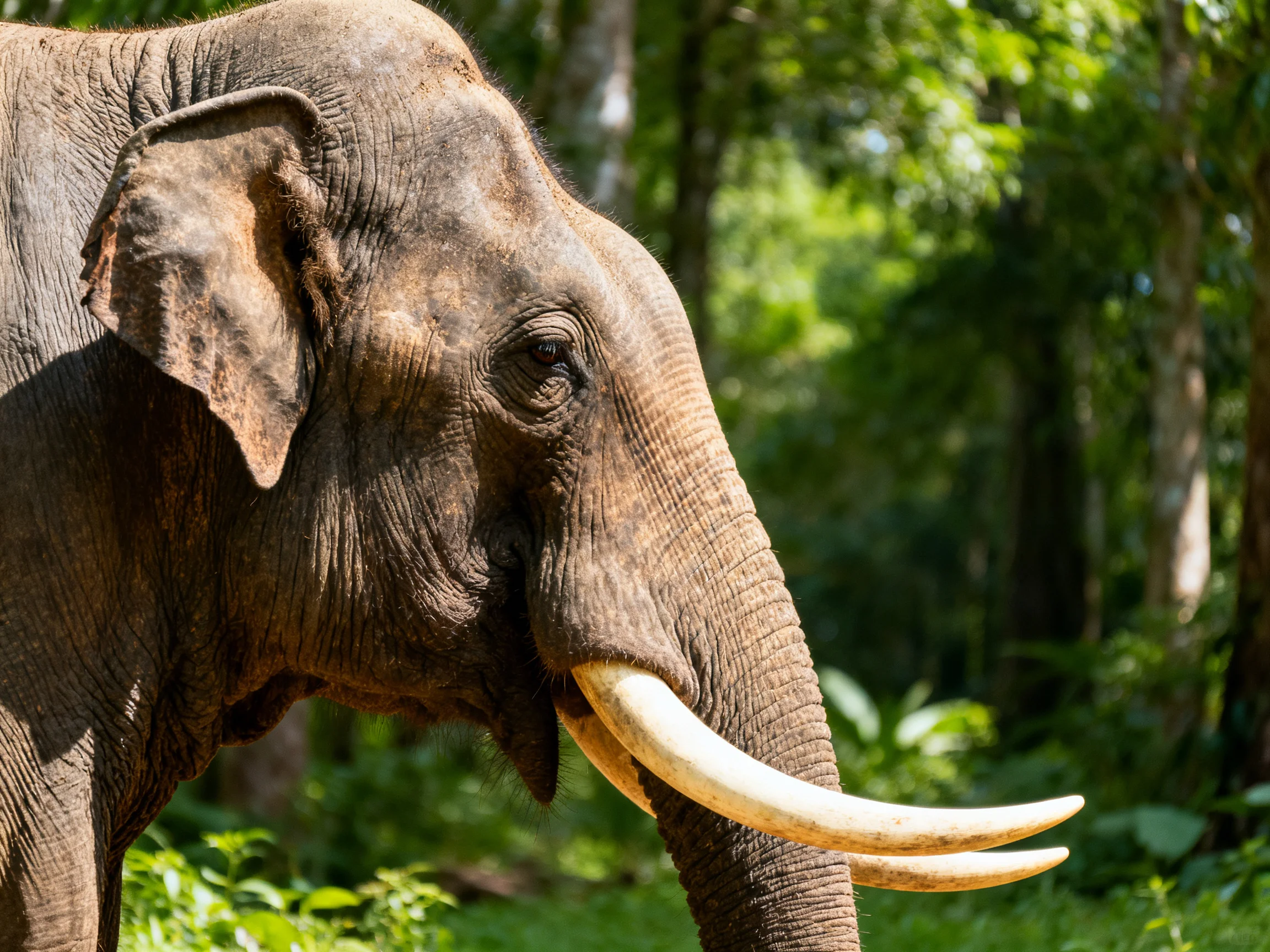 A large gray-brown elephant with long ivory tusks in a dense green forest