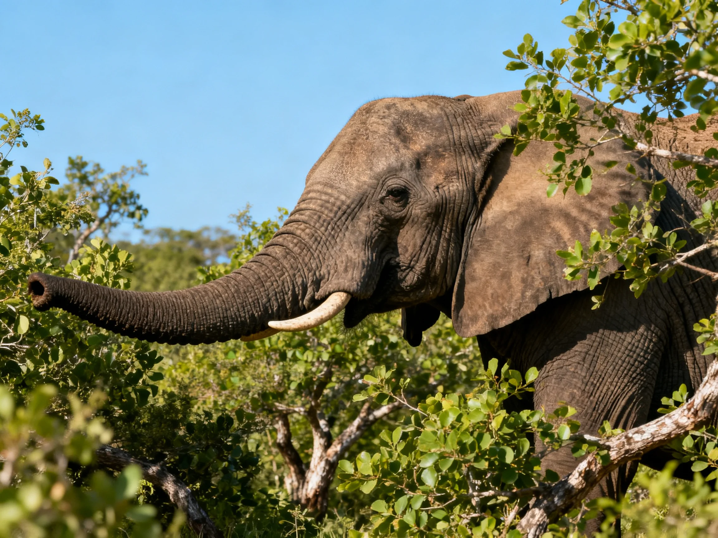 A large gray elephant among dense green foliage under clear blue sky
