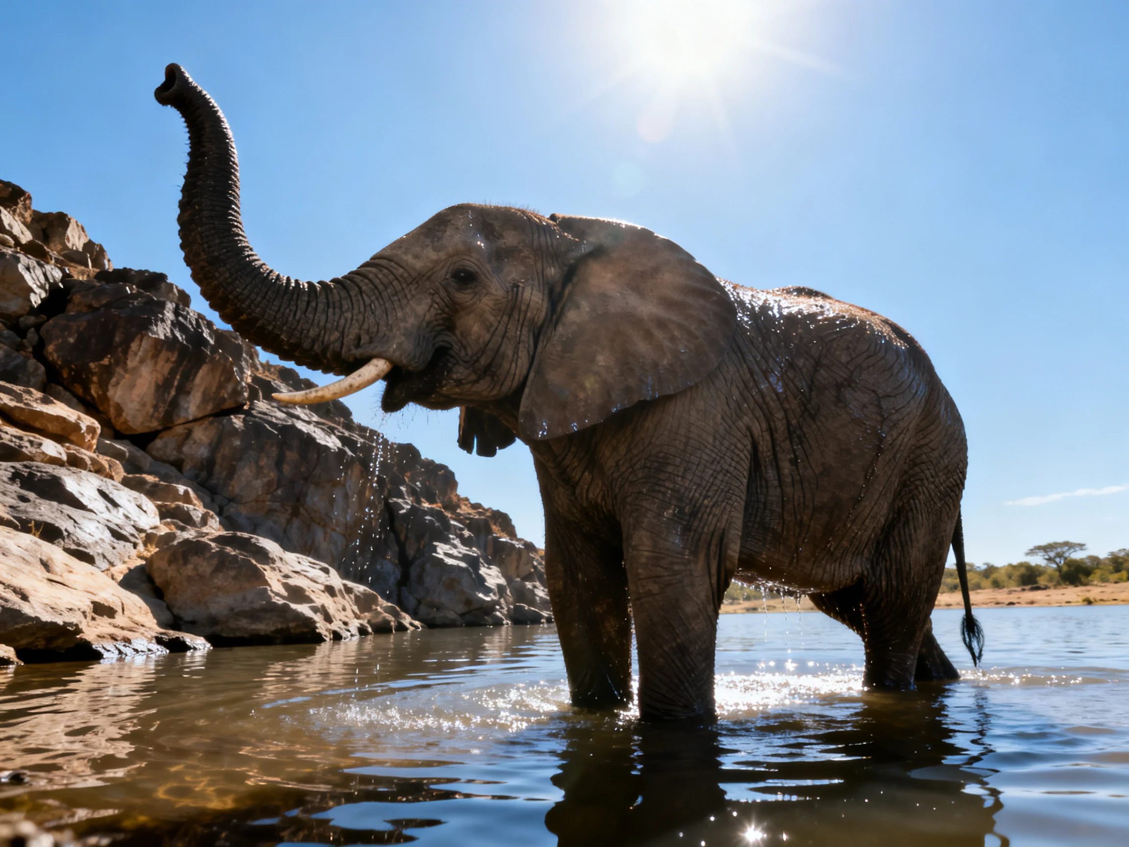 A large gray elephant bathing in shallow water near rocky cliffs