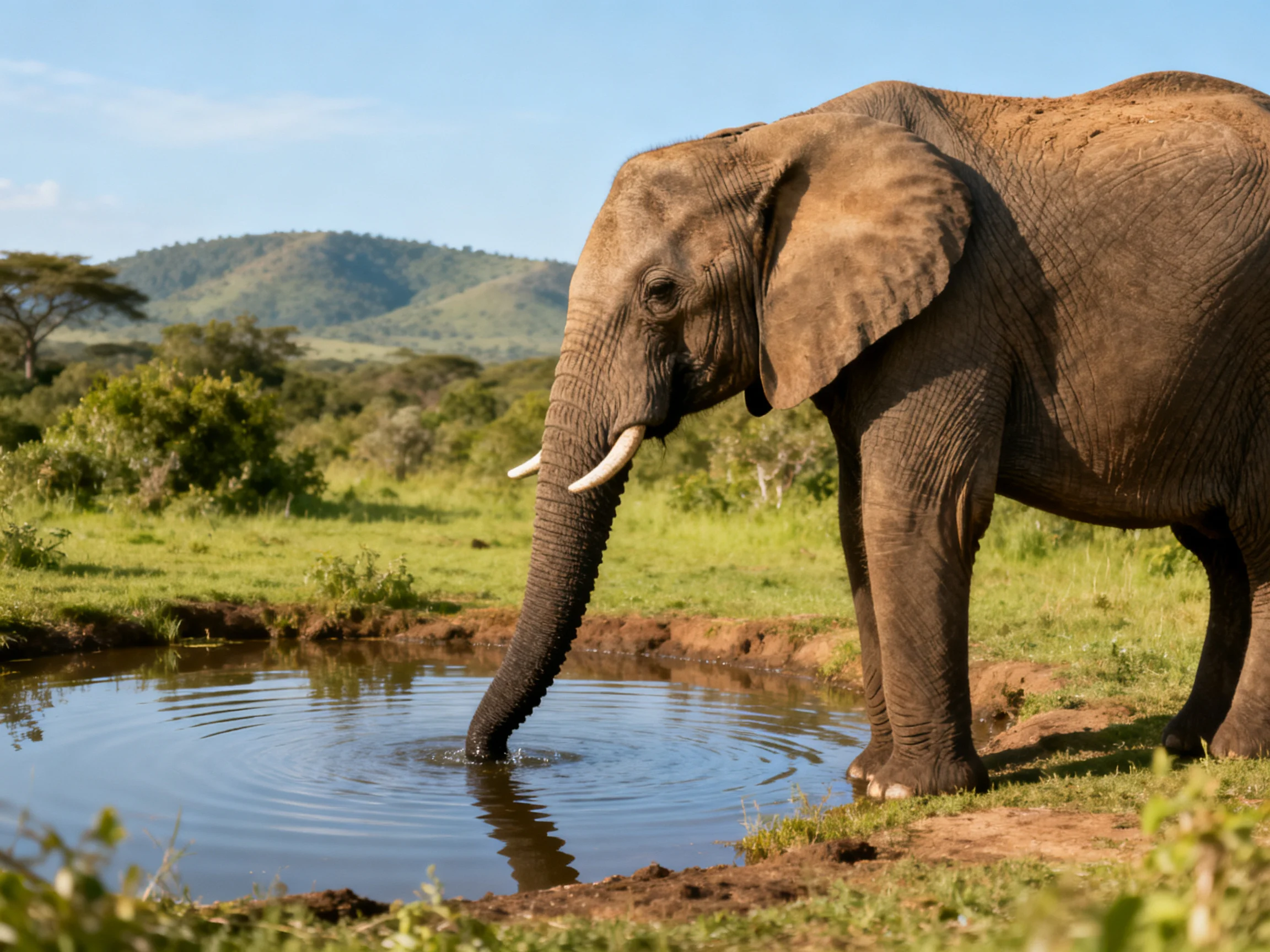 A large gray elephant drinks from a small pond in a green savanna