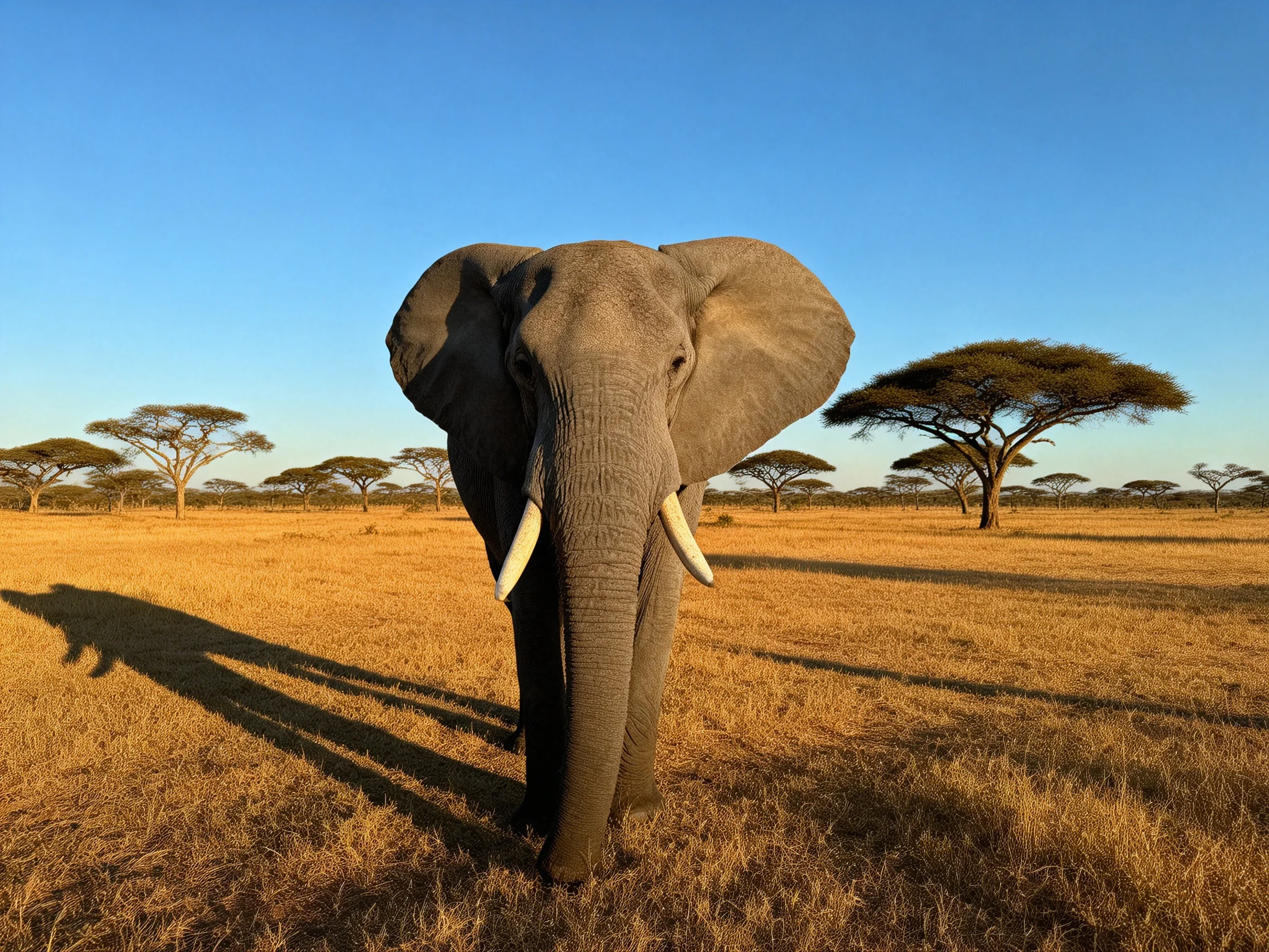 An elephant walks through golden savannah near acacia trees.
