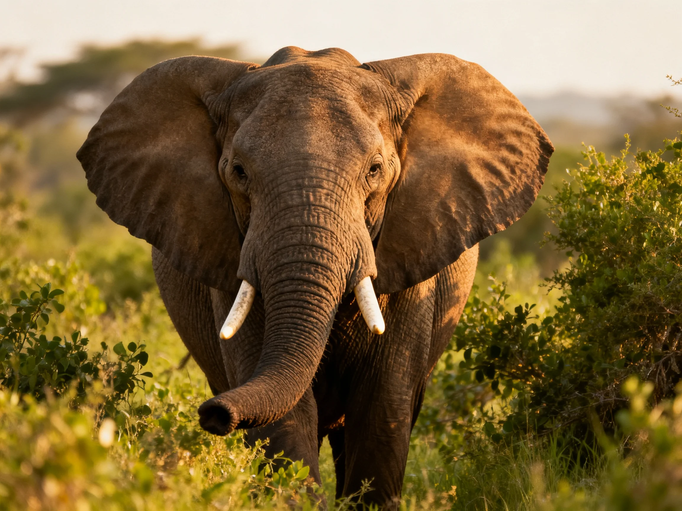 A large gray elephant in lush greenery under warm sunlight