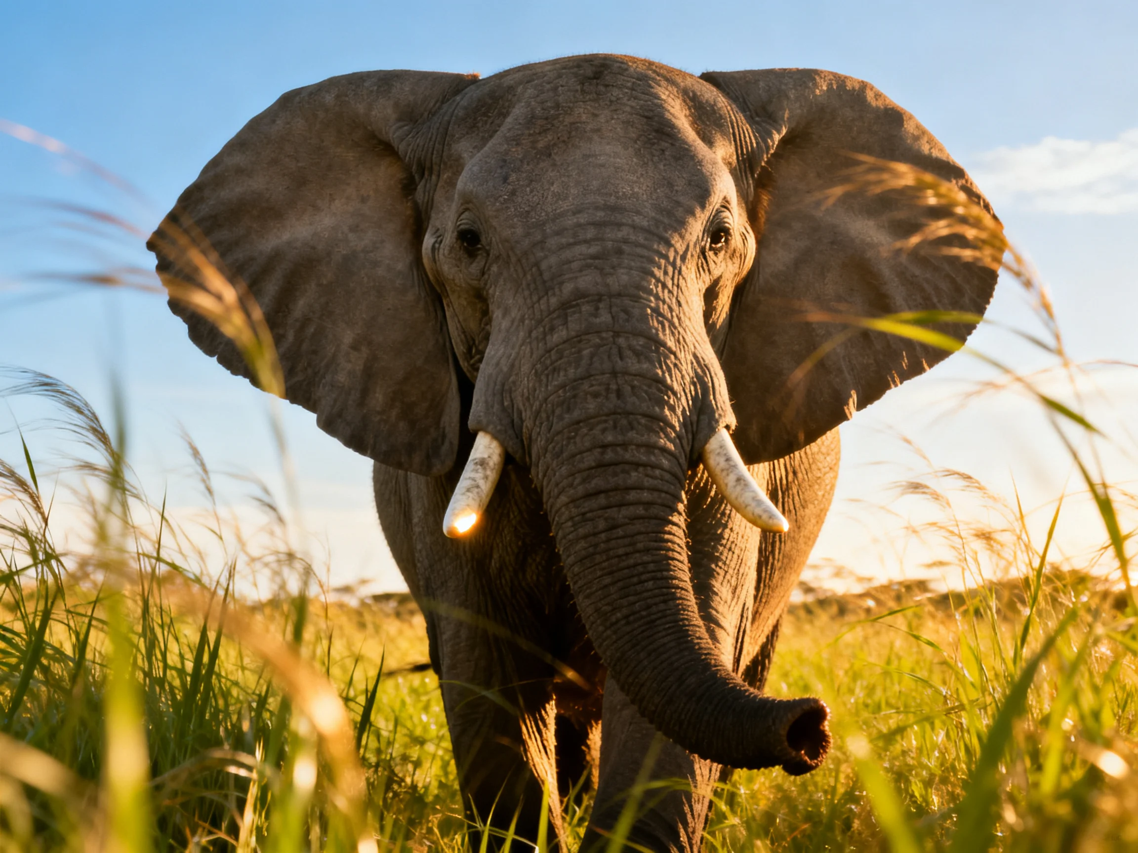 A large gray elephant in tall golden grass under bright blue sky