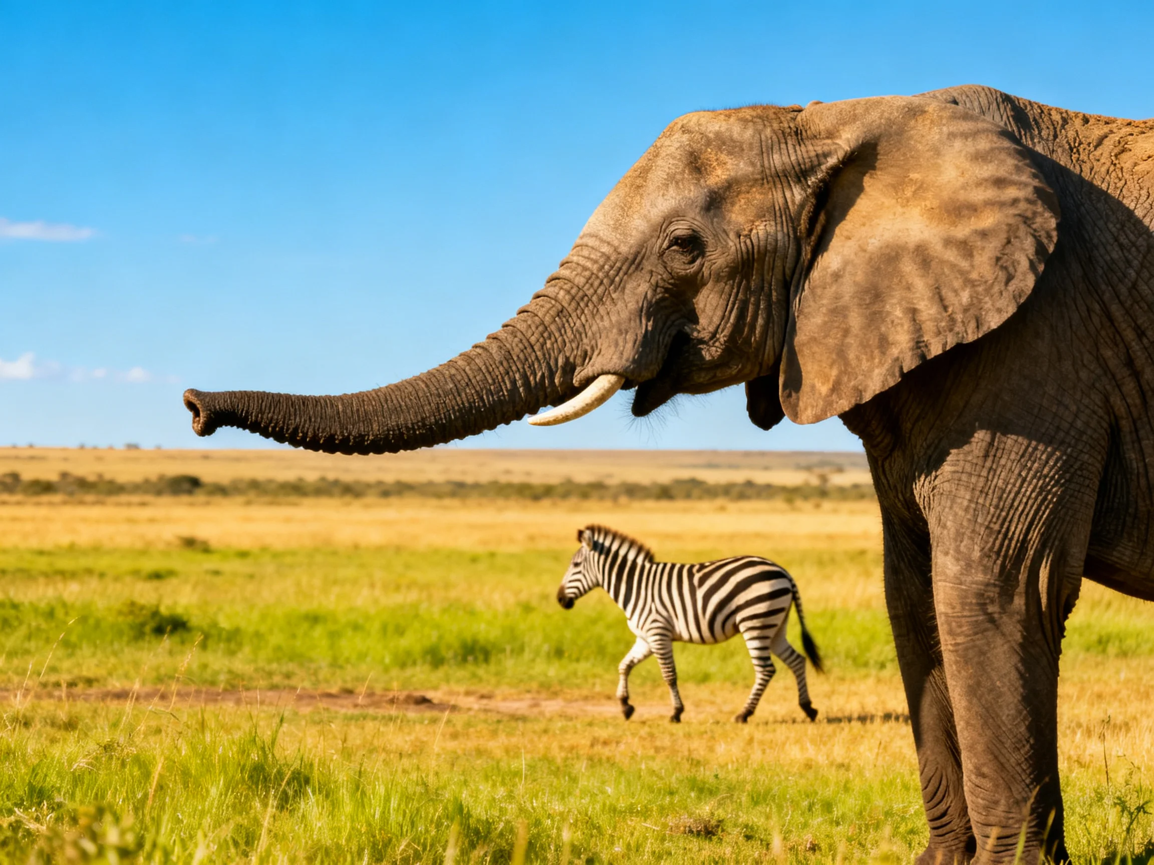 A large gray elephant near a black-and-white zebra in a golden savannah