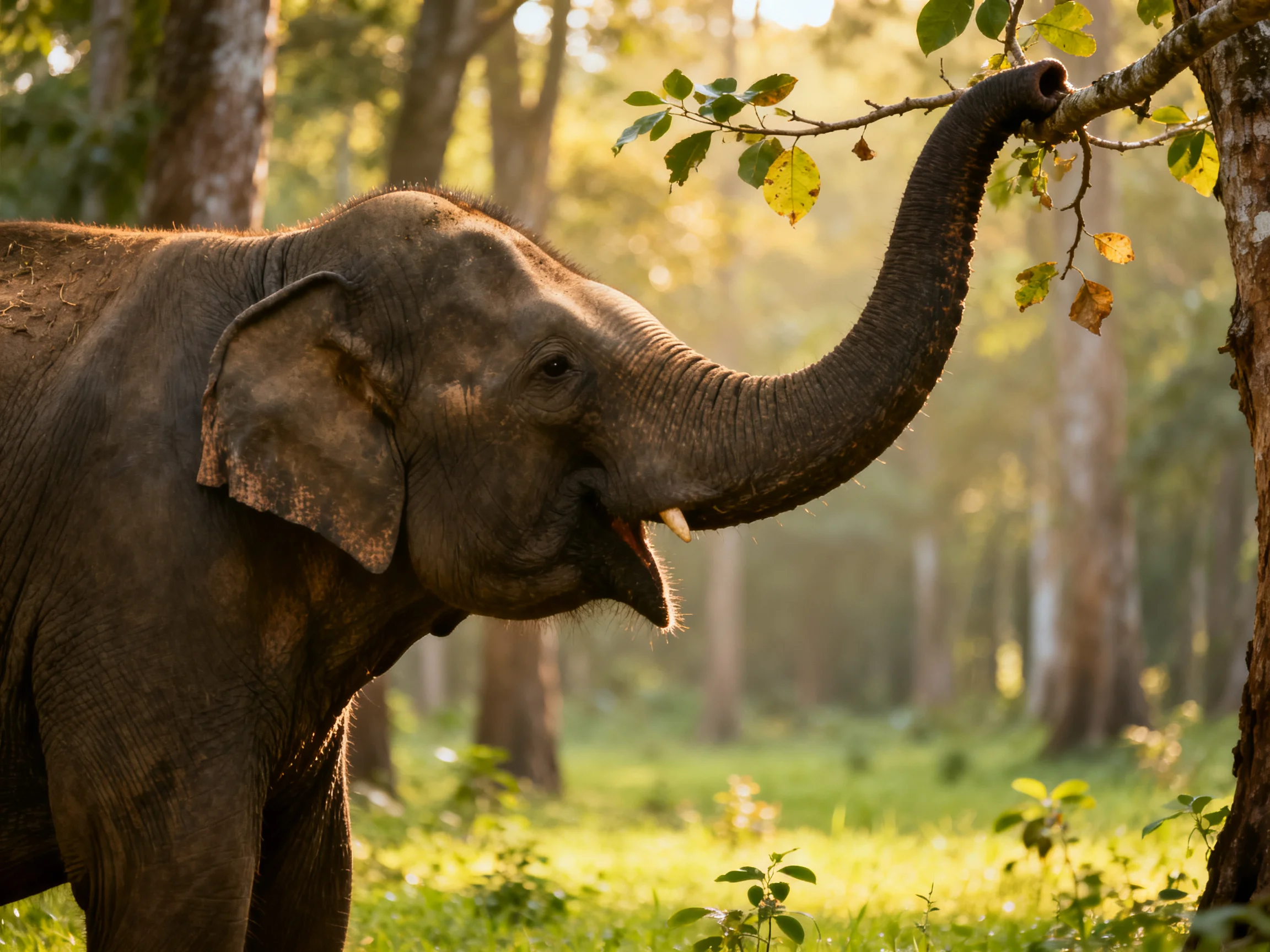 A large gray elephant reaches for leaves in a sunlit forest