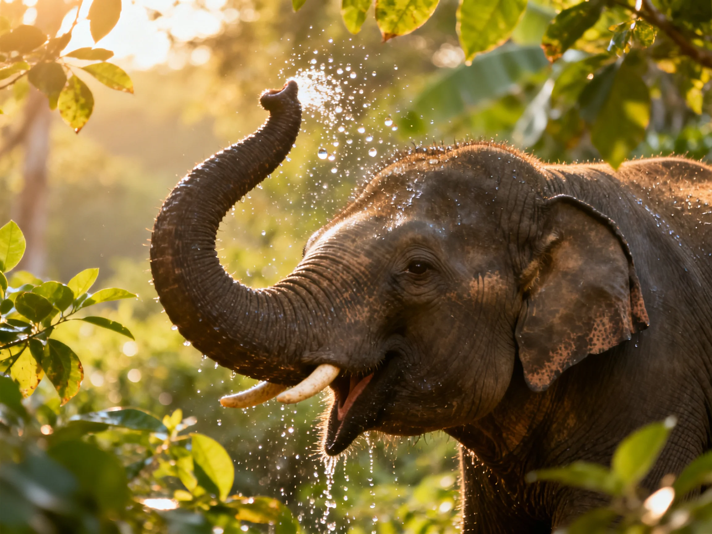 A large gray elephant sprays water in a lush green forest