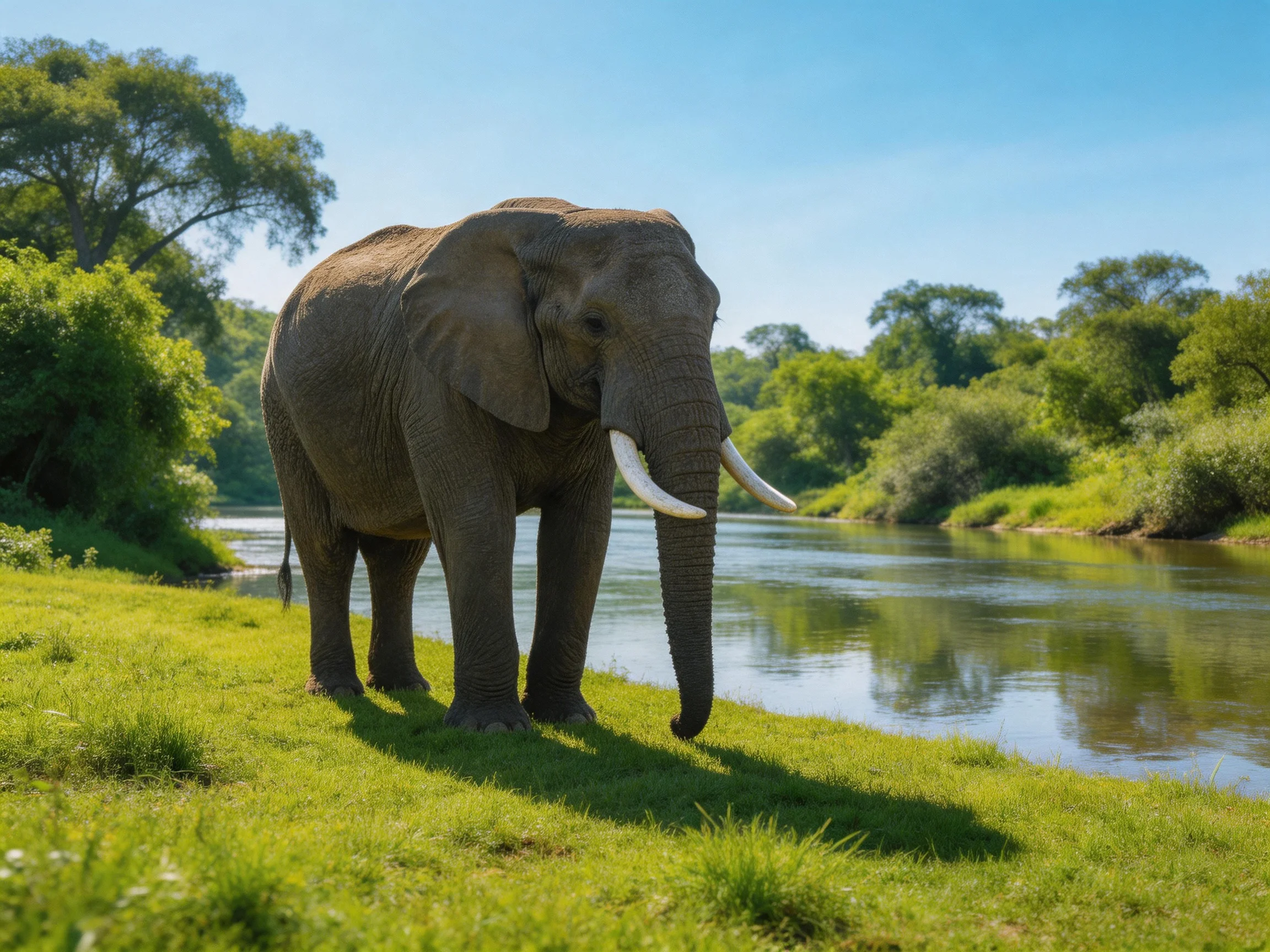 A large gray elephant stands beside a calm river with lush greenery