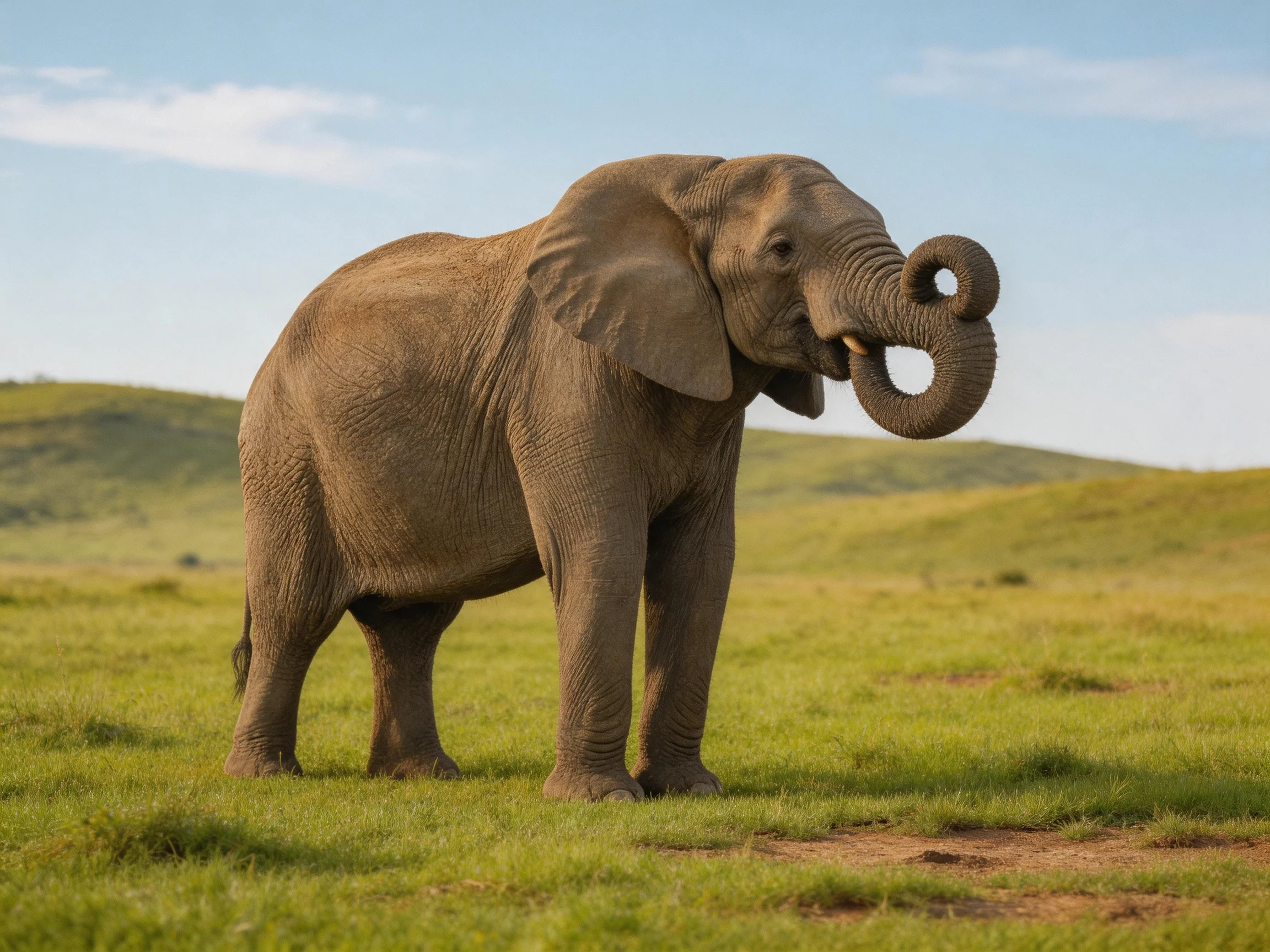 A large gray elephant stands in a sunlit grassy savannah