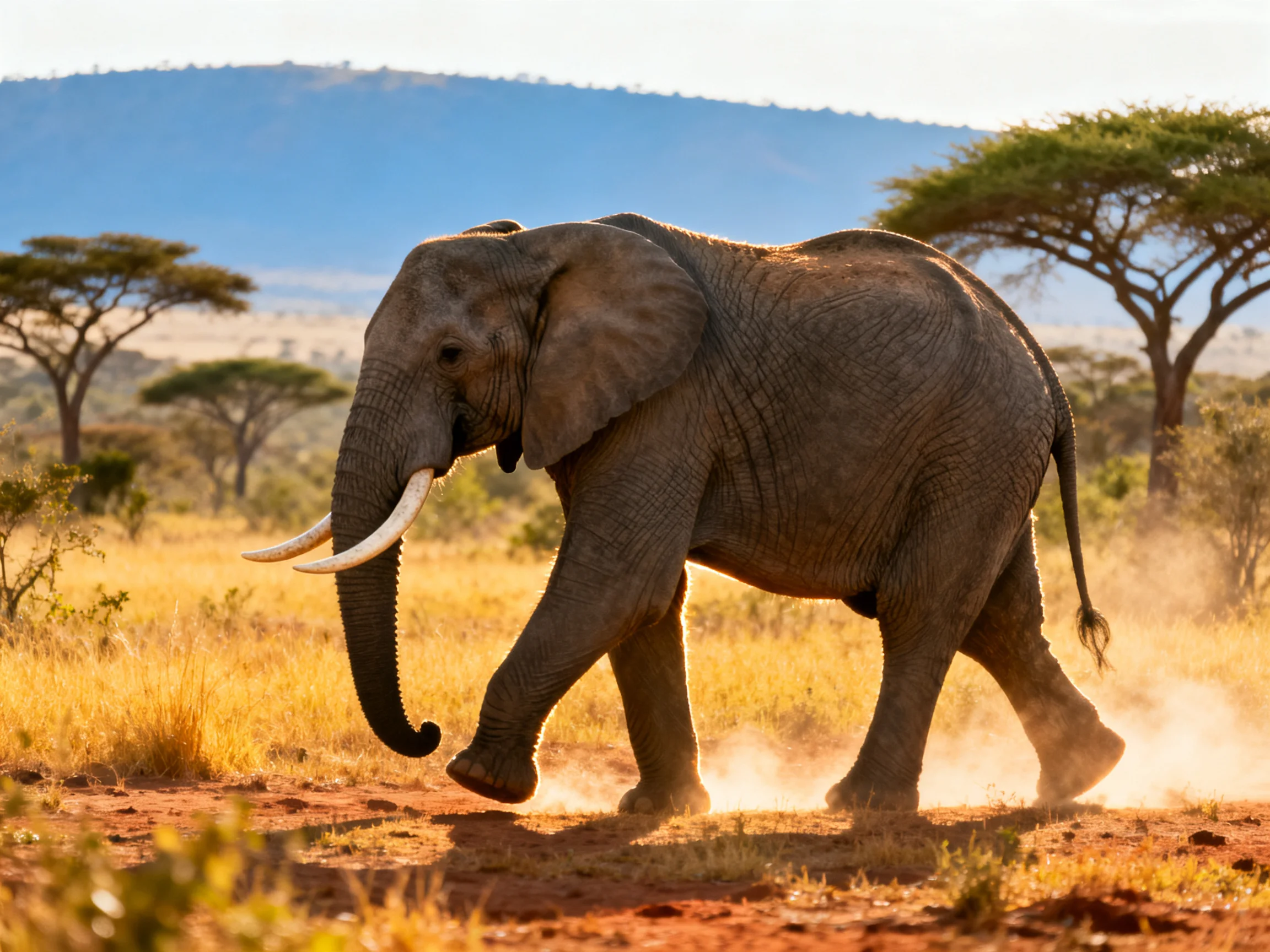 A large gray elephant walking through golden savannah with acacia trees