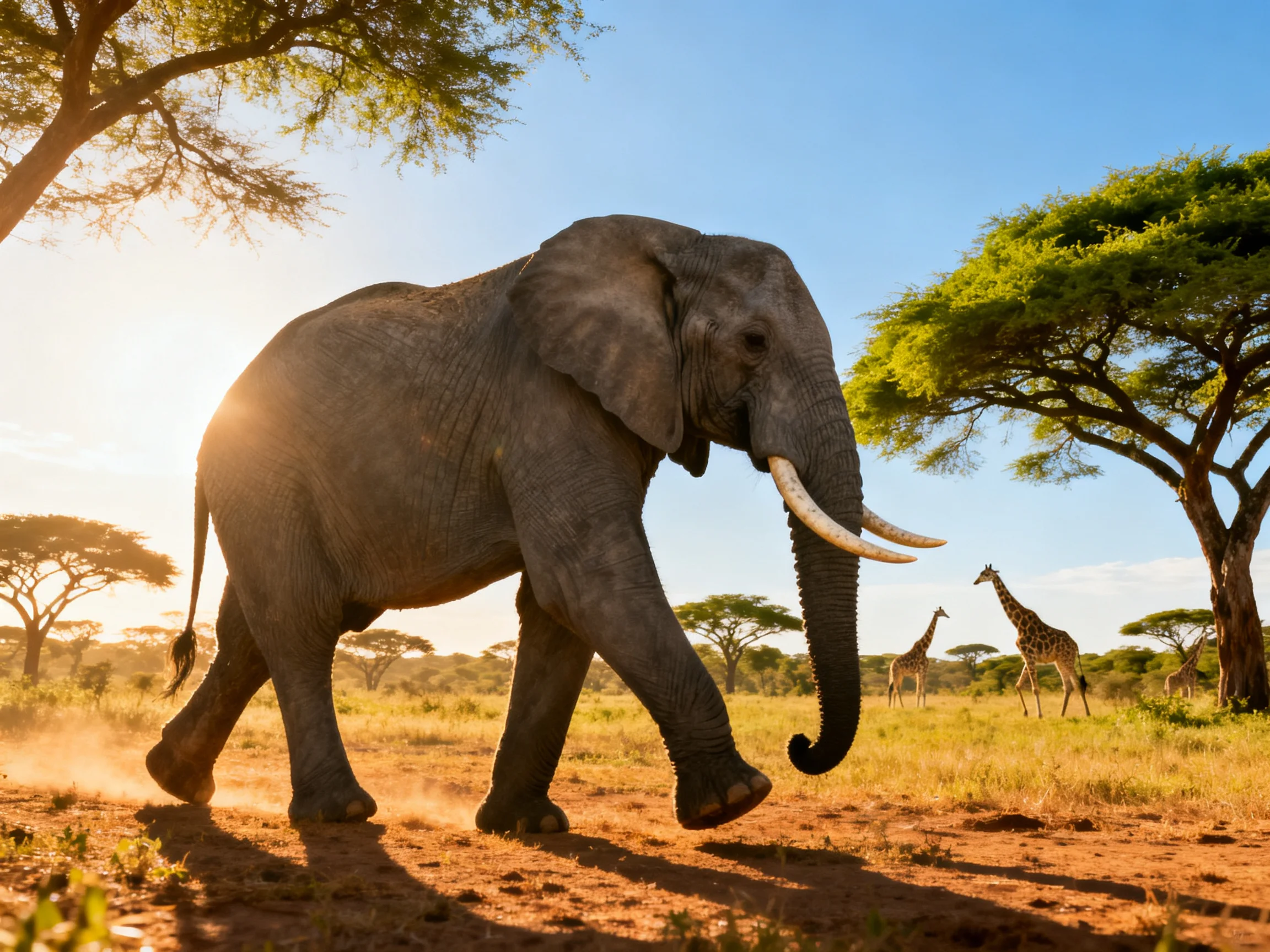 A large gray elephant walks near two giraffes in a sunny savannah