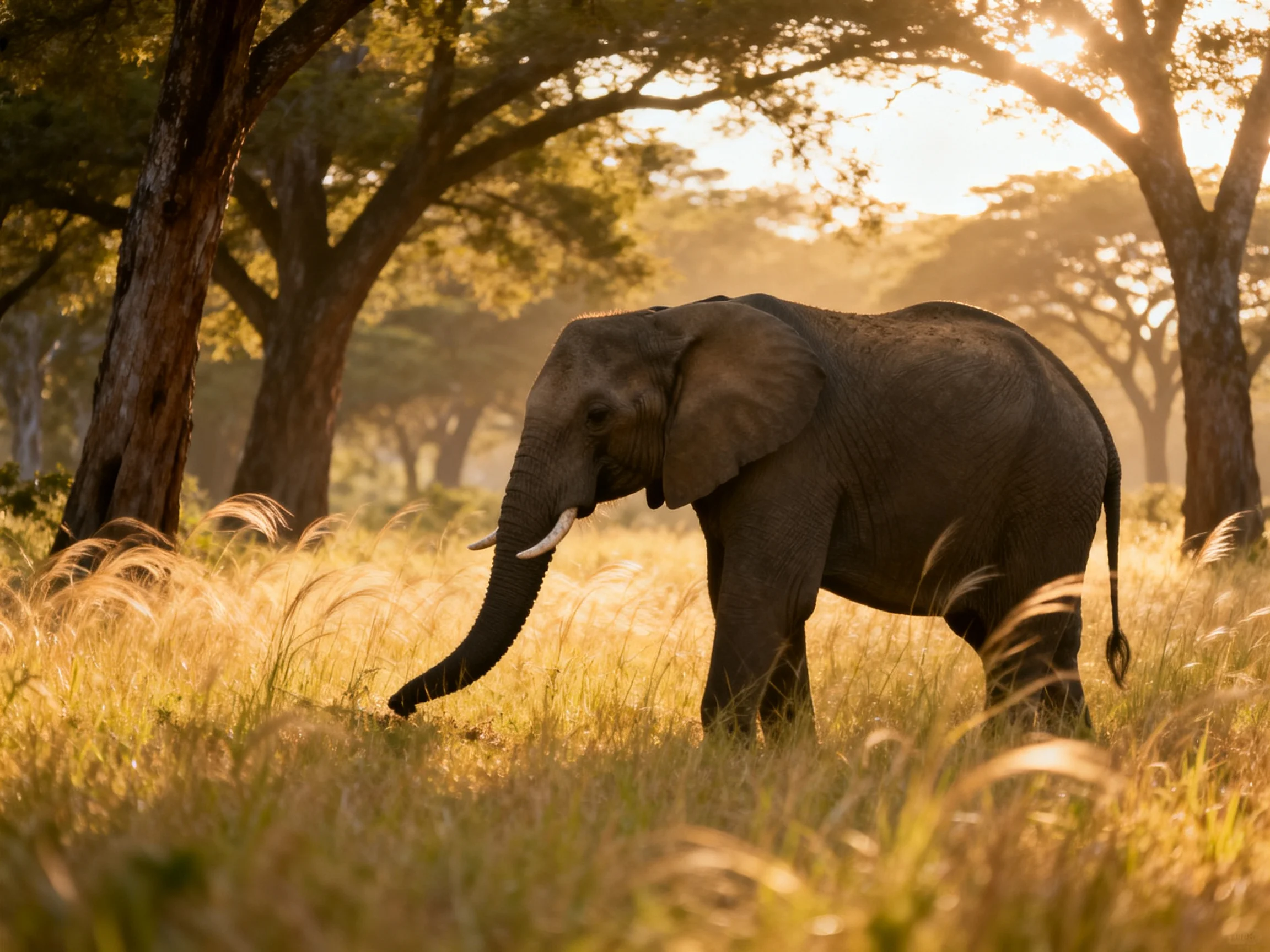 A large gray elephant wanders through golden savannah grass near tall trees