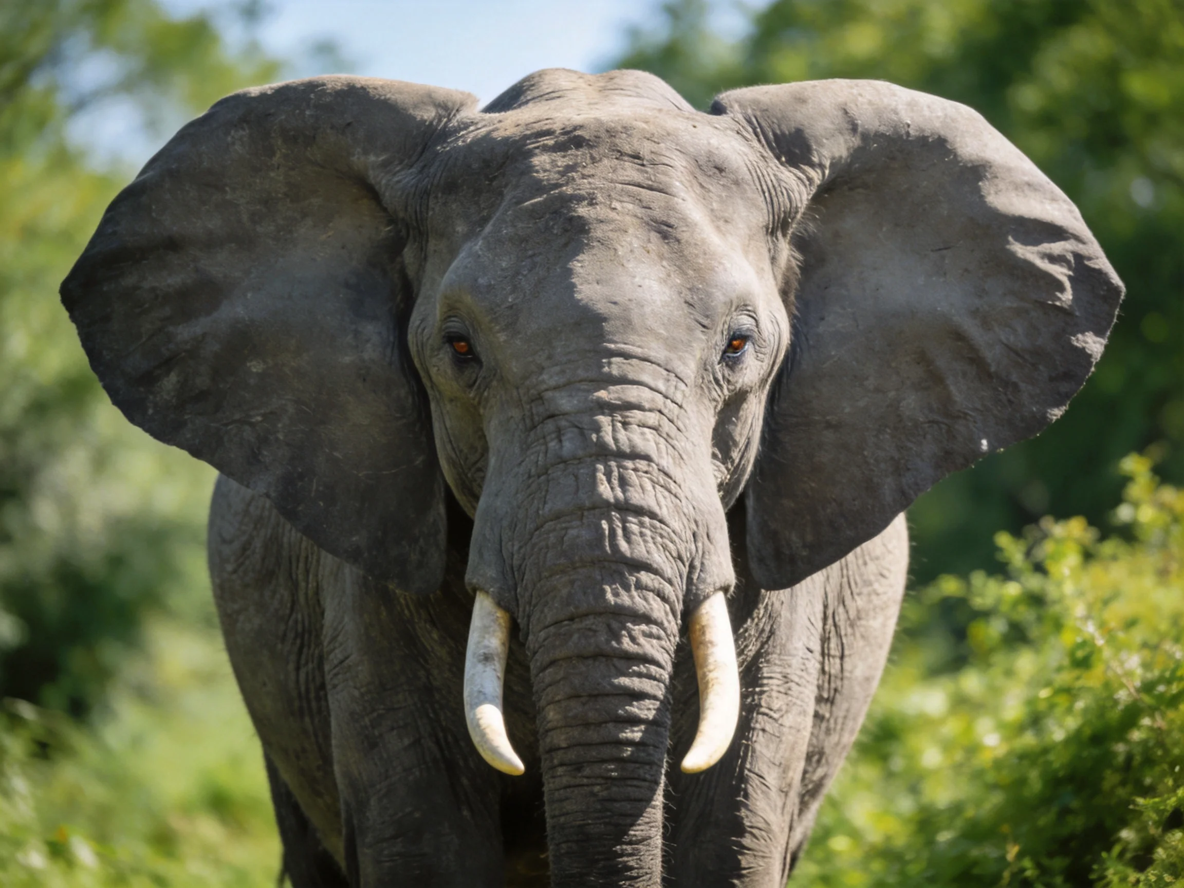 A large gray elephant with expansive ears and ivory tusks in lush greenery
