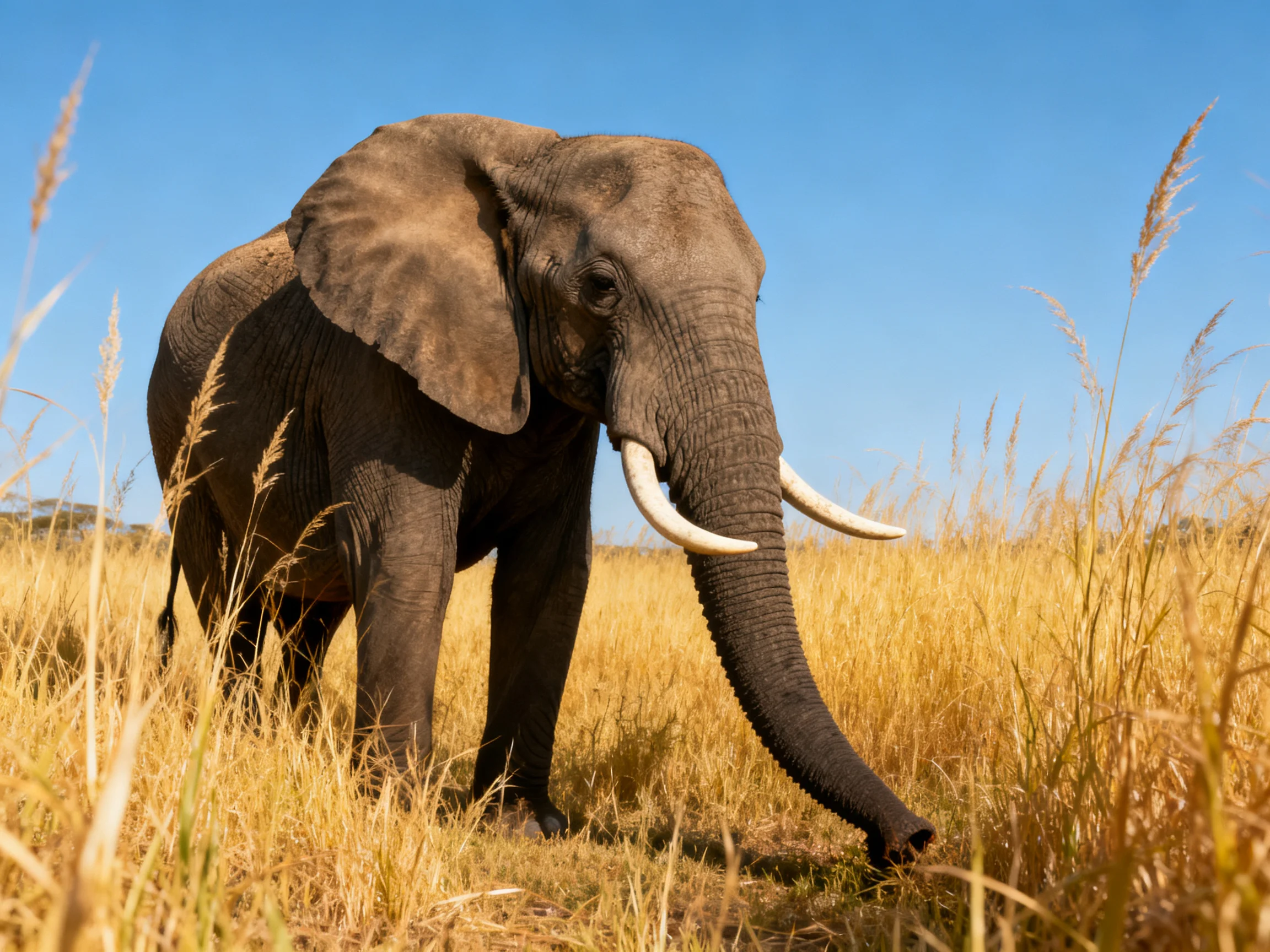 A large gray elephant with long ivory tusks in golden savannah grass
