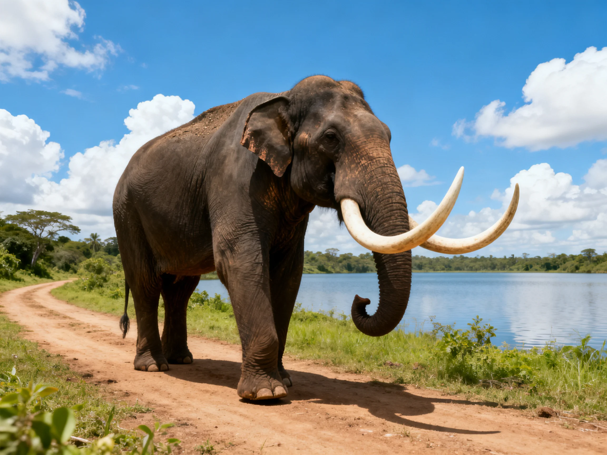 A large gray elephant with long ivory tusks near a lake