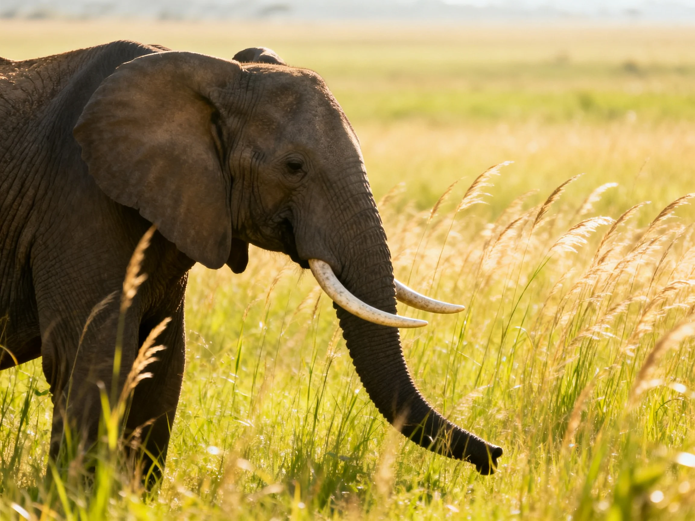 A large gray elephant with long tusks in golden savannah grass