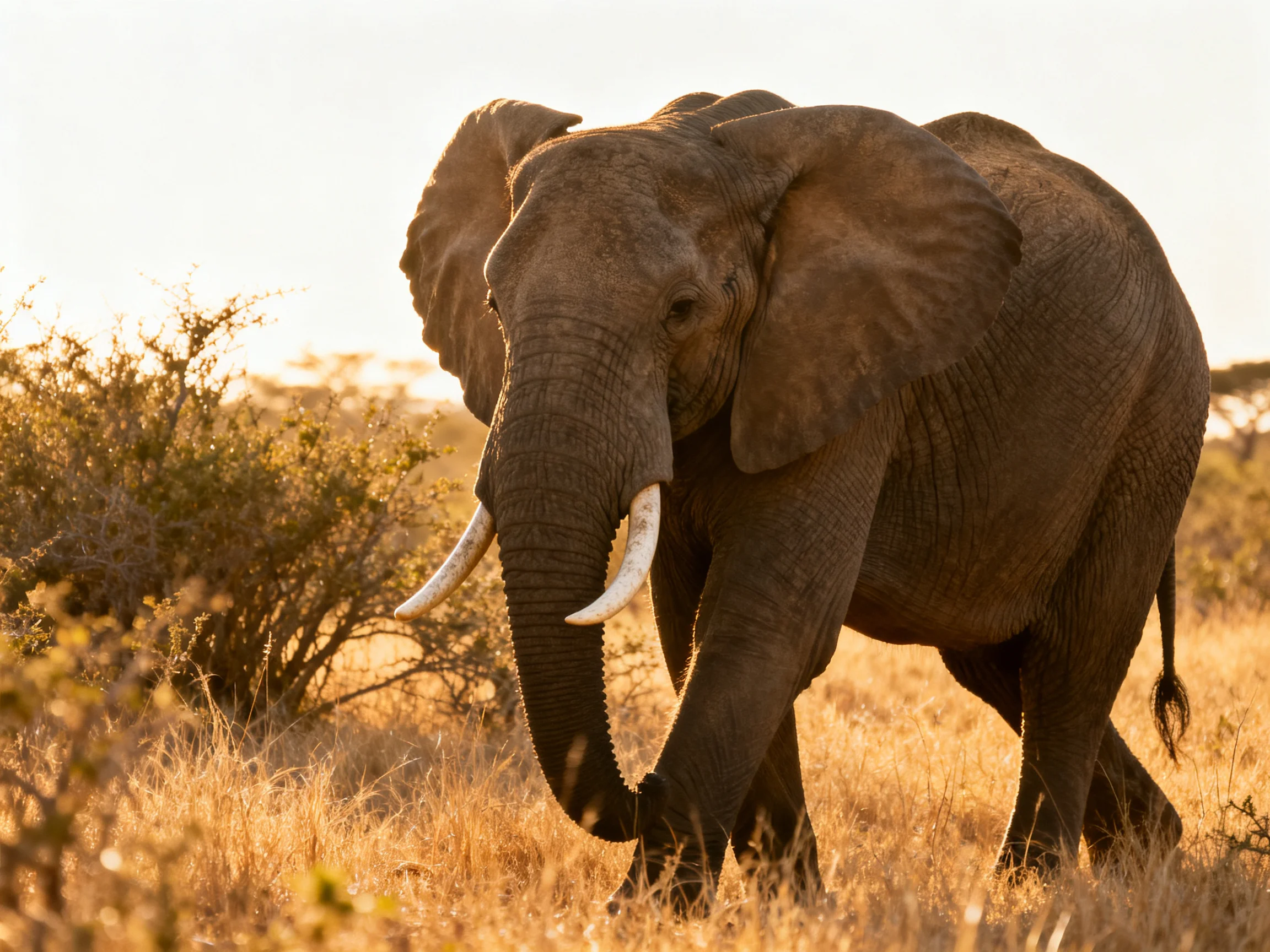A large gray elephant with long tusks in golden savannah
