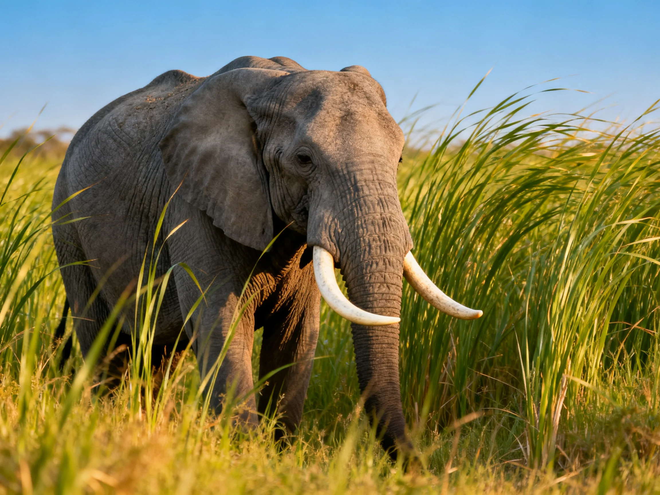 A large gray elephant with long tusks in tall green grasslands