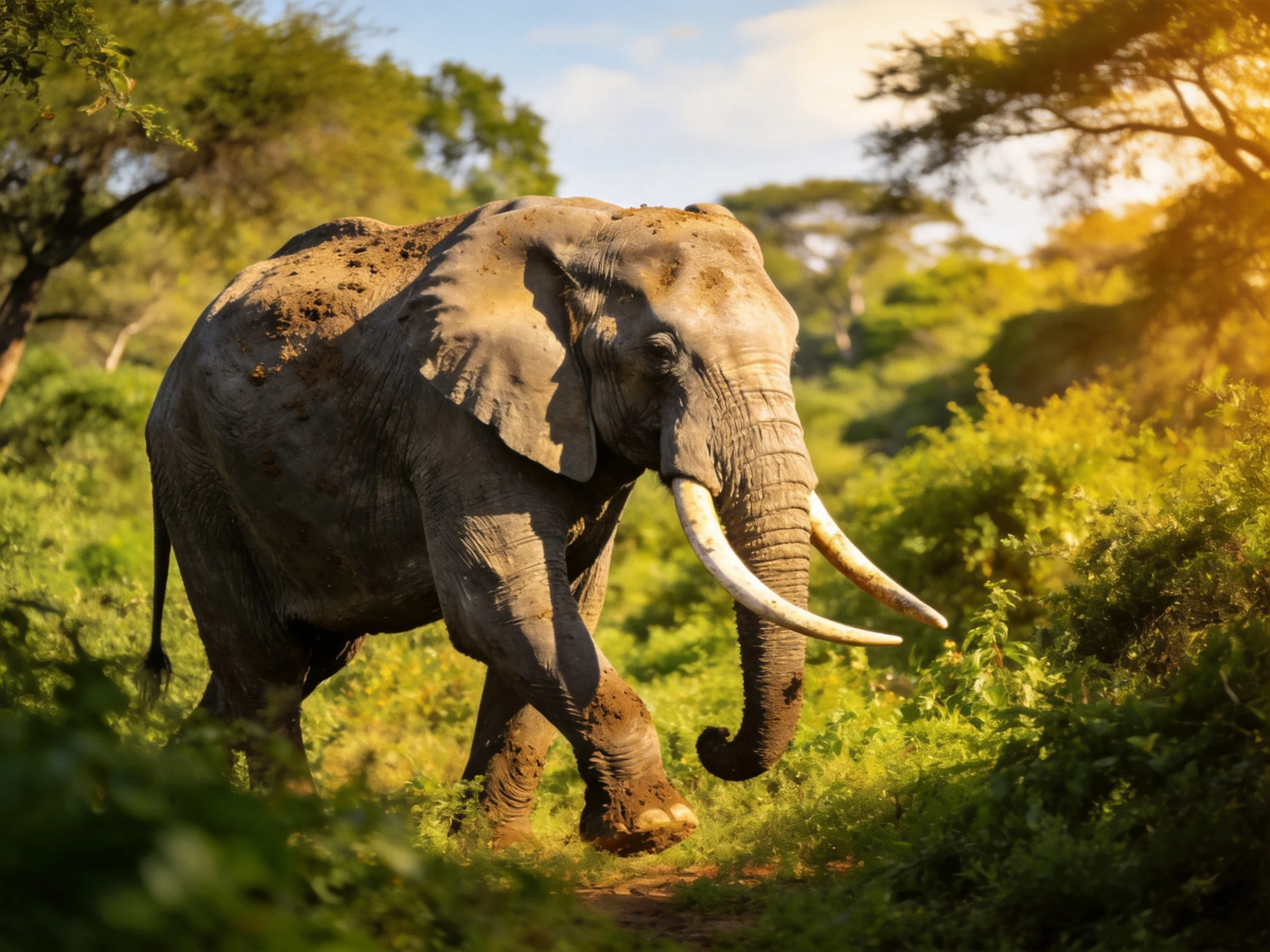 A large gray elephant with long tusks walks through sunlit greenery