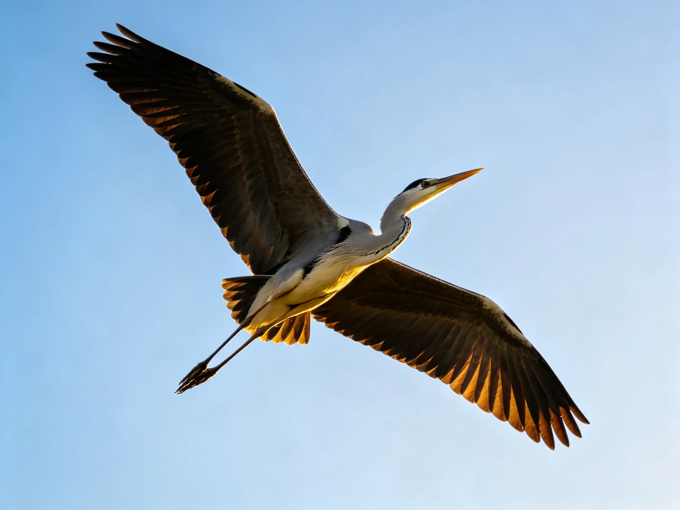 A large gray heron glides through the air with wings fully extended.