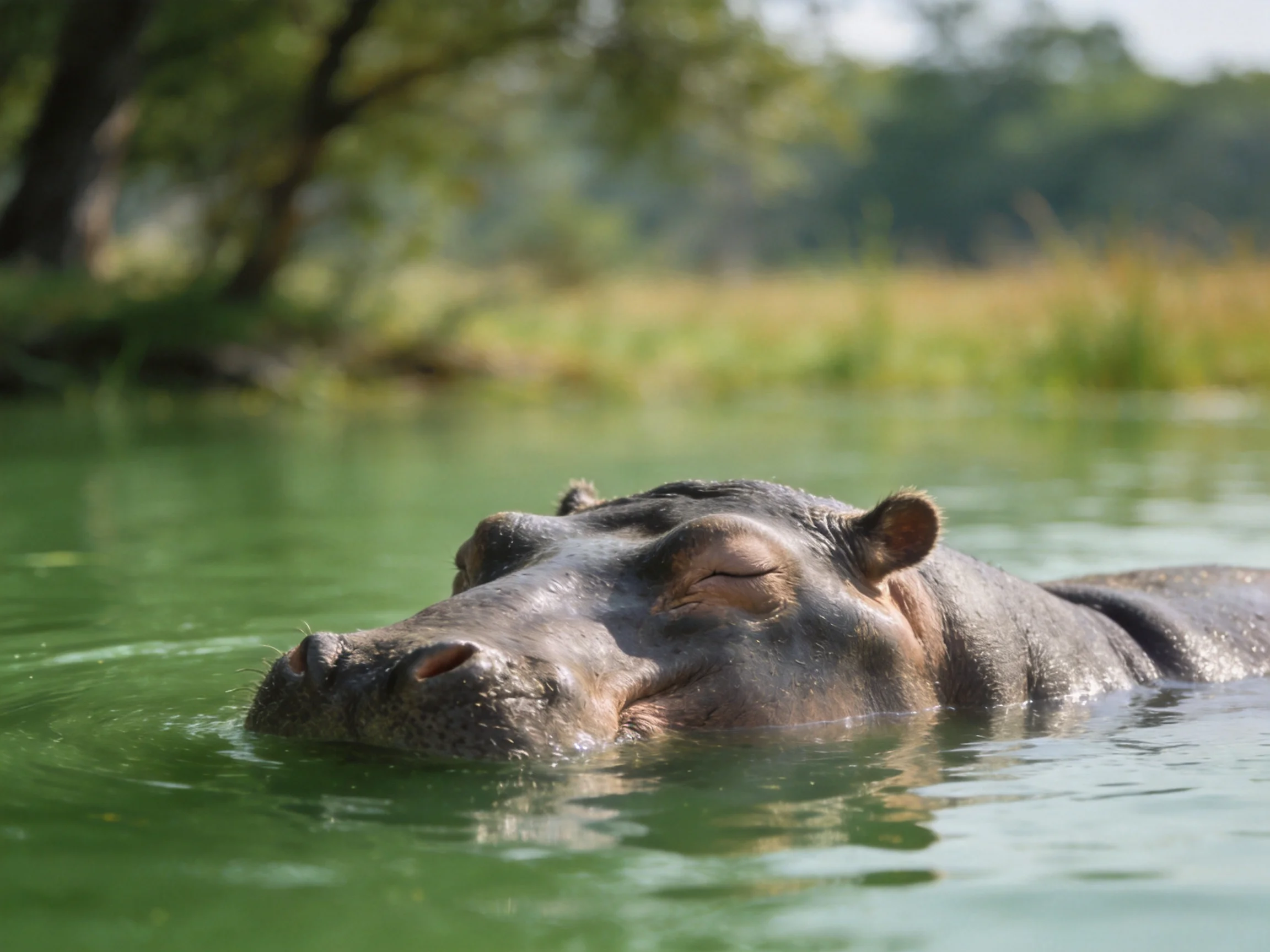 A large gray hippo relaxes in calm green river waters