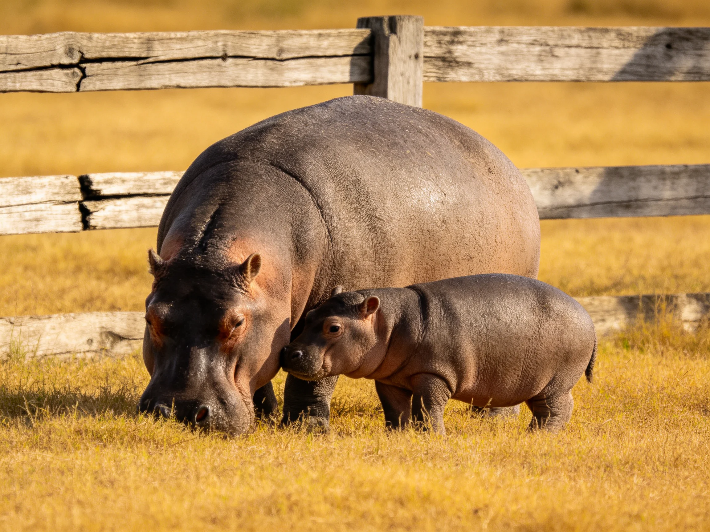 An adult hippo and young hippo graze near a wooden fence.