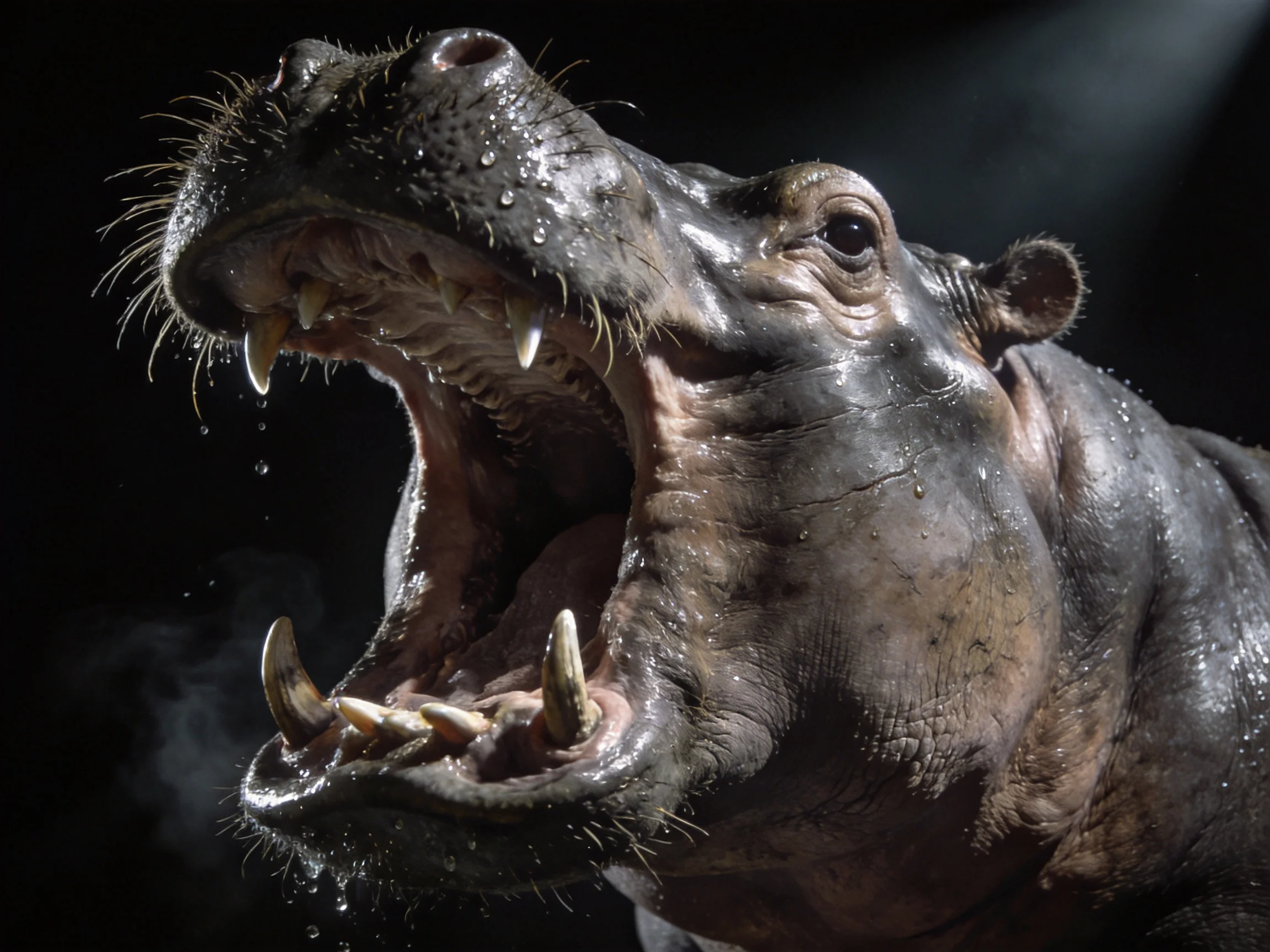 A large gray hippopotamus opens its mouth wide to show sharp teeth.