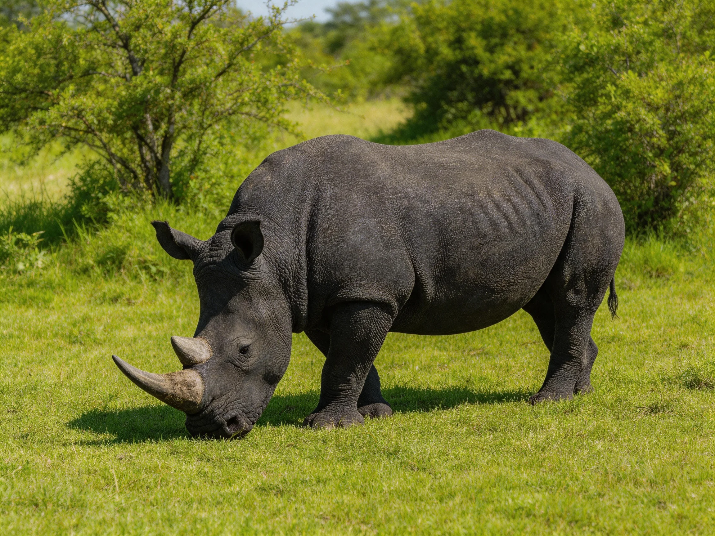 A large gray rhinoceros grazing in a lush green landscape