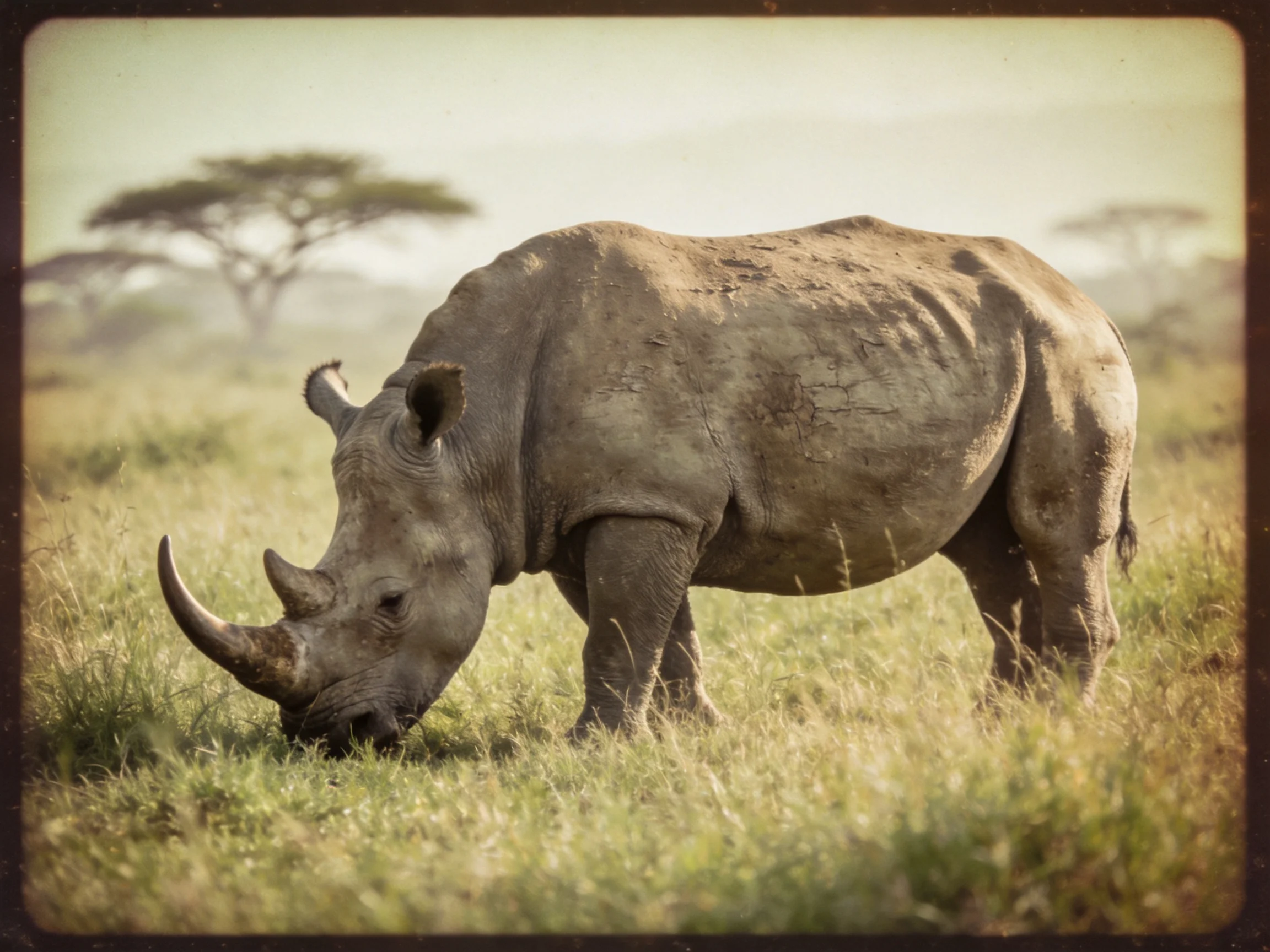 A large gray rhinoceros grazing in a sunlit savannah with distant acacia trees