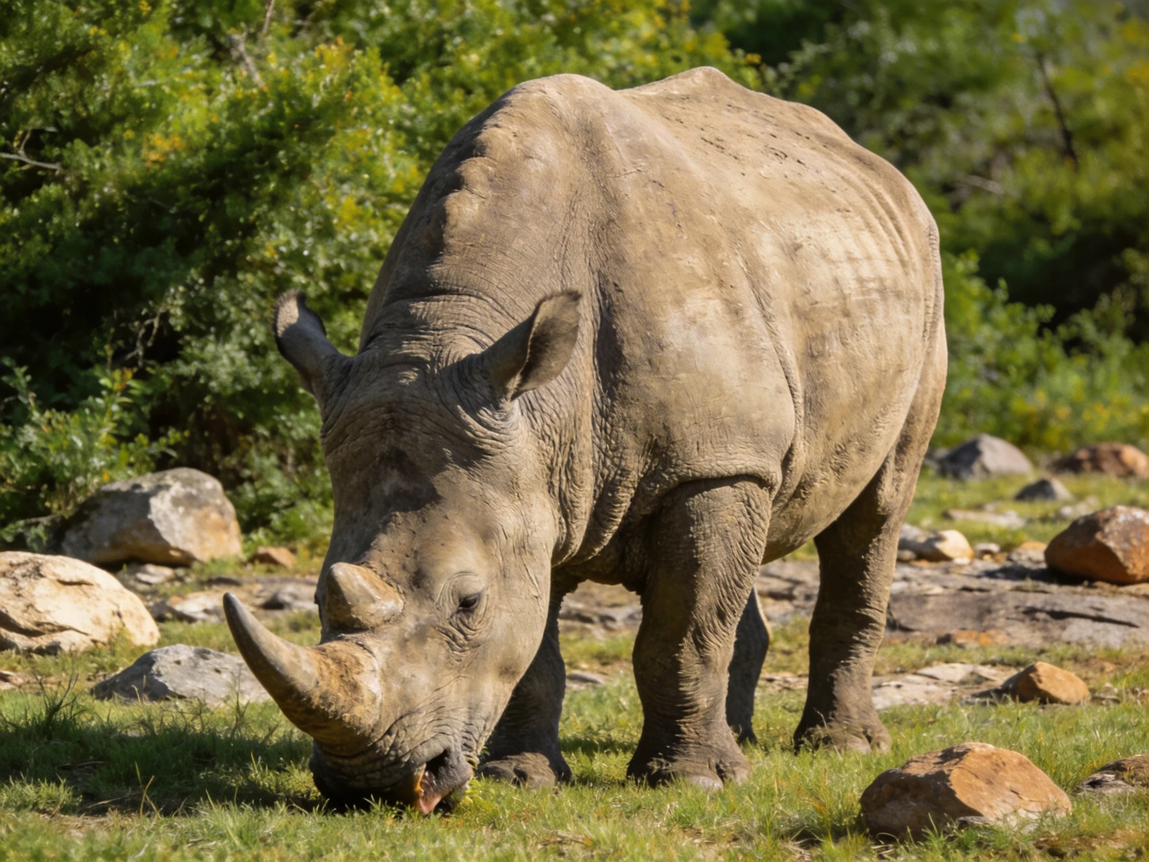 A large gray rhinoceros grazing near scattered rocks and green foliage