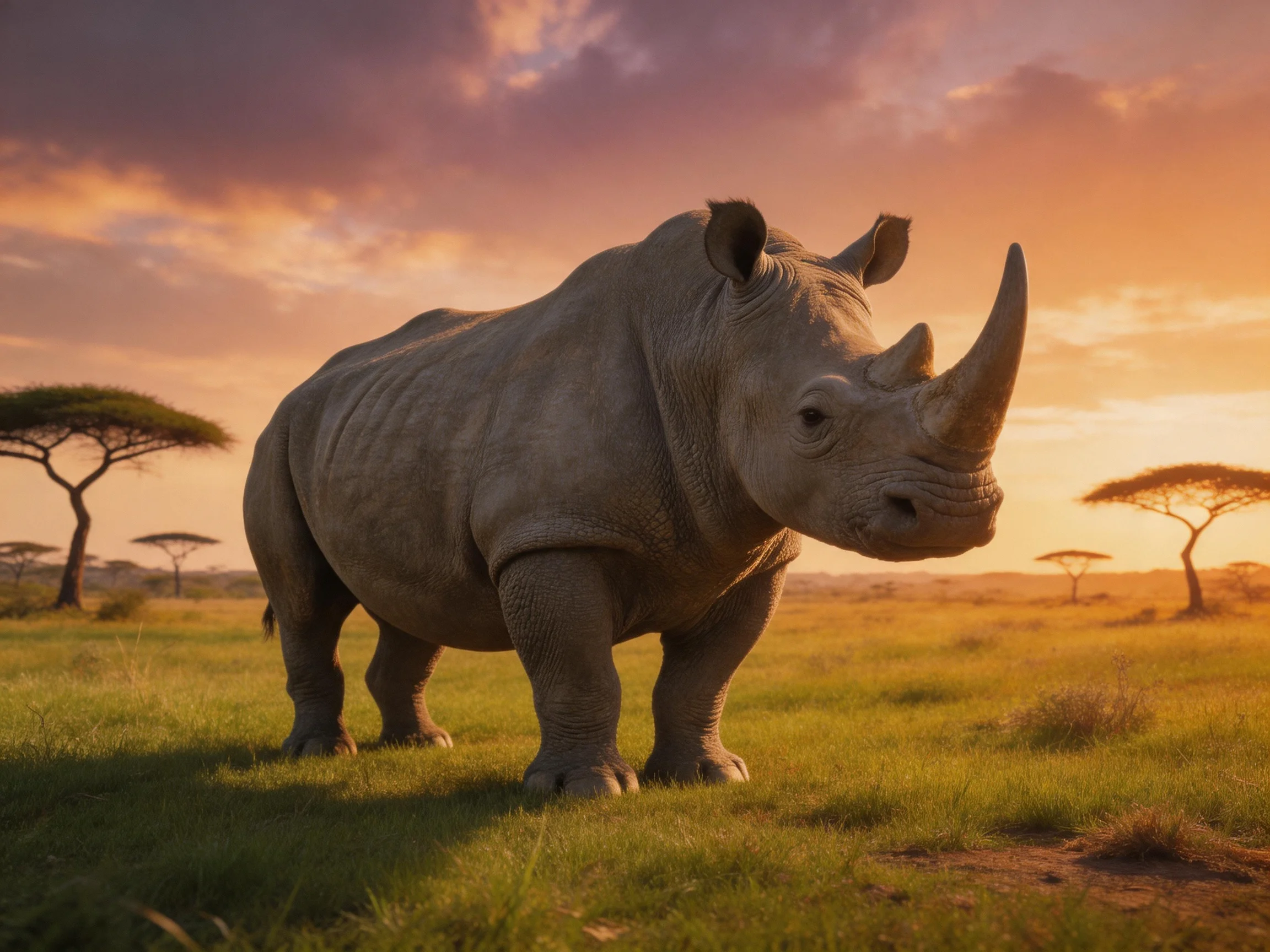 A large gray rhinoceros stands in a sunlit savannah landscape.