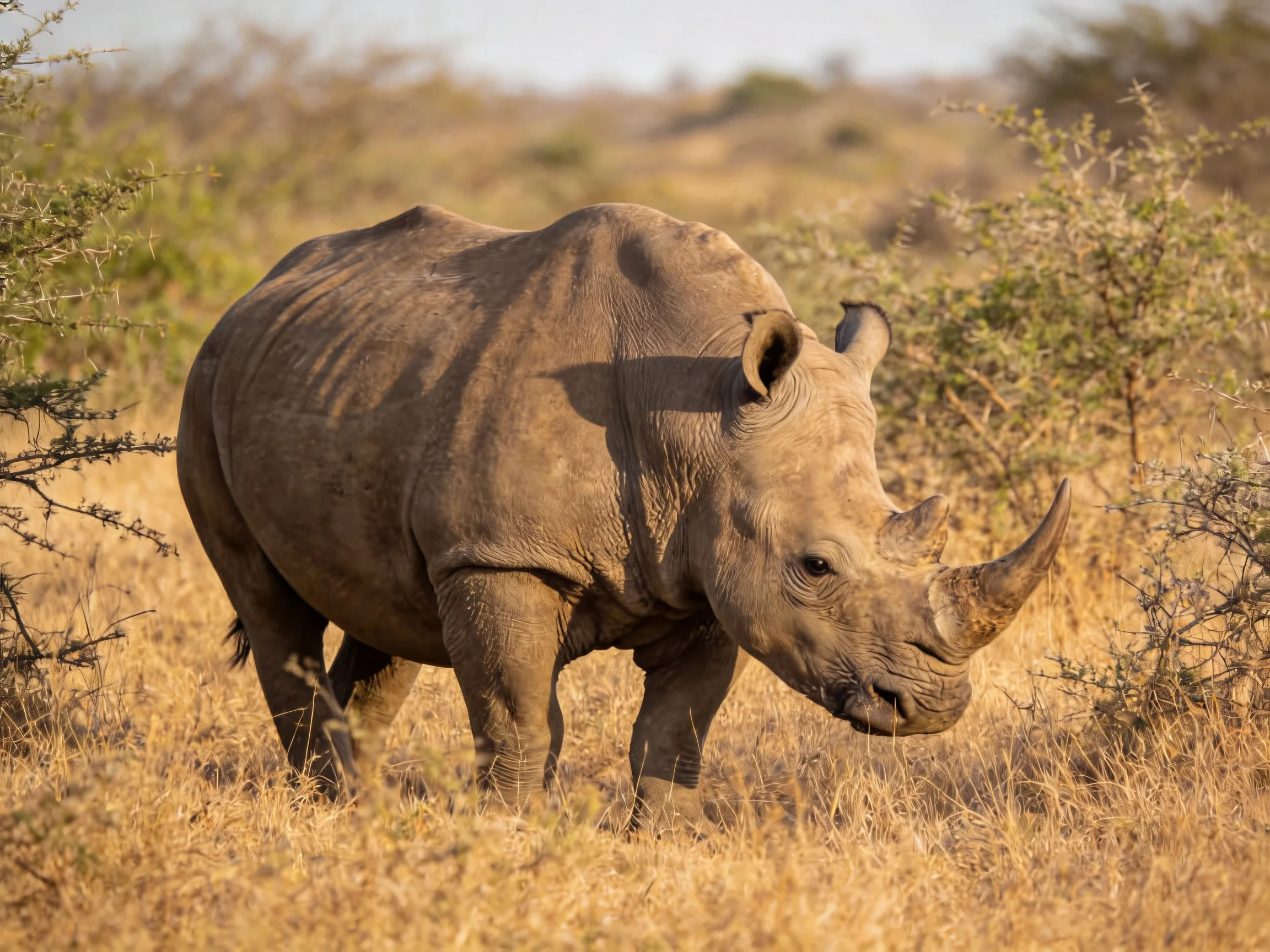A large gray rhinoceros in sunlit savannah grassland